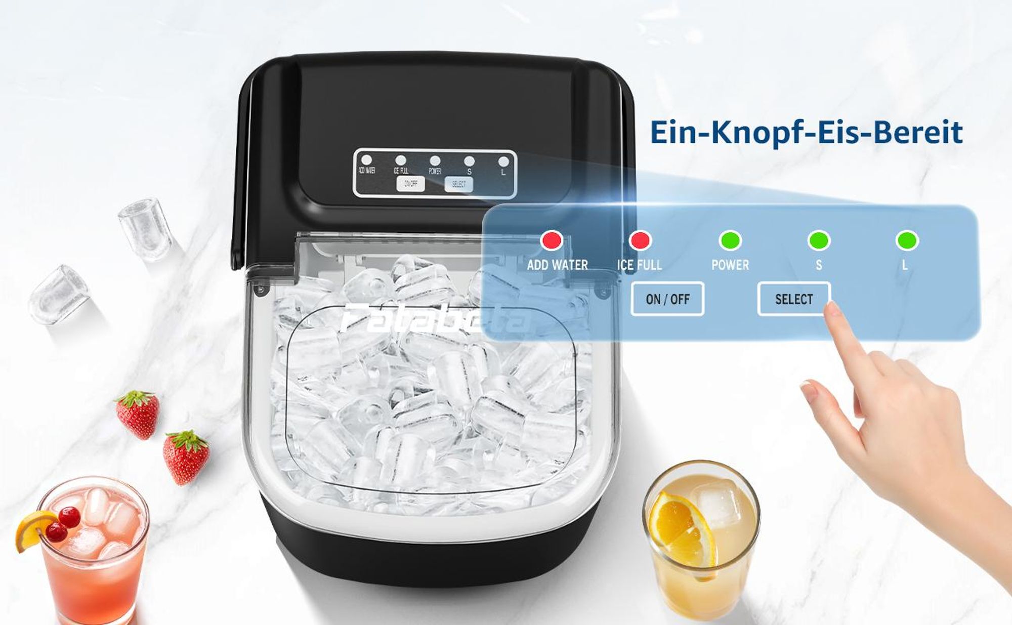 Fatabeta Eiswürfelmaschine 1,2L Eiswürfelbereiter 2 Eisgrößen 9 Eiswürfel in 6 Min, 12kg/24h, LCD Display, leise Eiswürfel Maschine