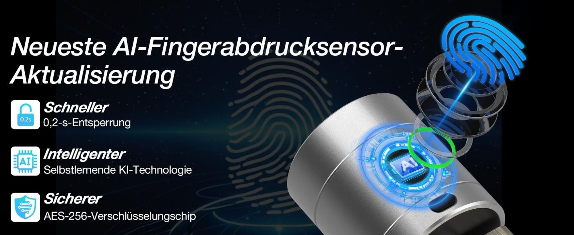 Fingerabdruck Smart Lock, Elektronisches Türschlos Haustürschloss, Zylinder 35-70mm, öffnen mit Tuya APP, Fingerabdruck, PIN-Code, RFID, Notschlüssel