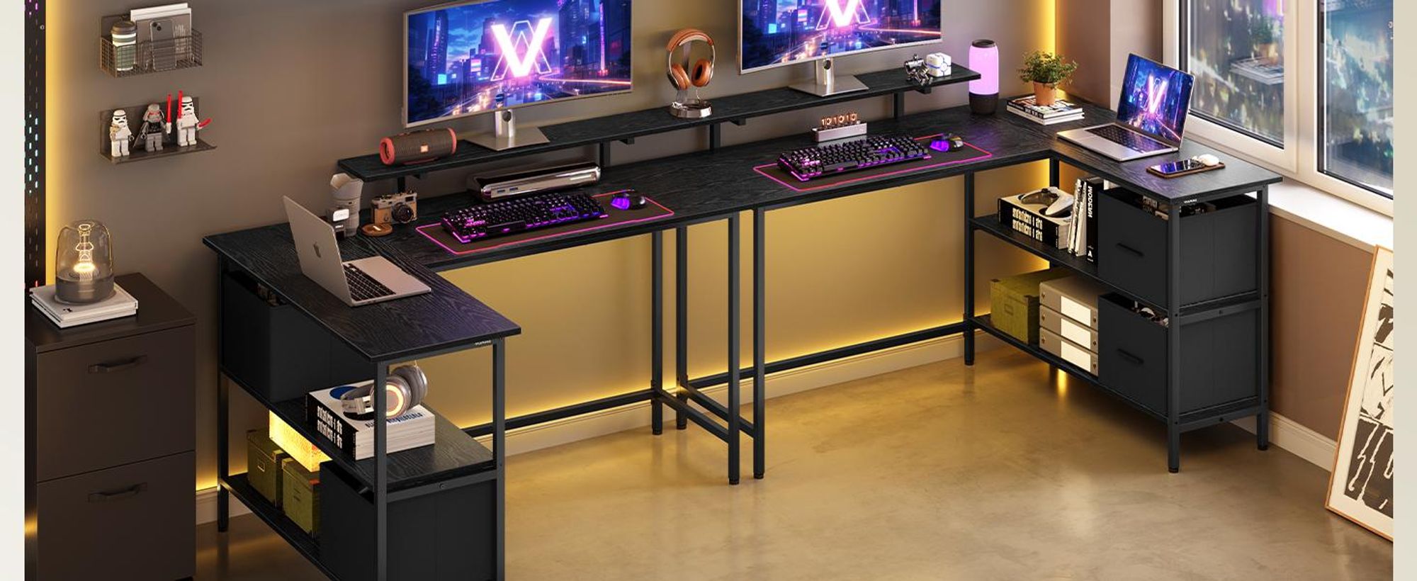 VASAGLE  L-förmige Schreibtisch Eckschreibtisch  Computertisch mit Schubladen 135cm schwarz