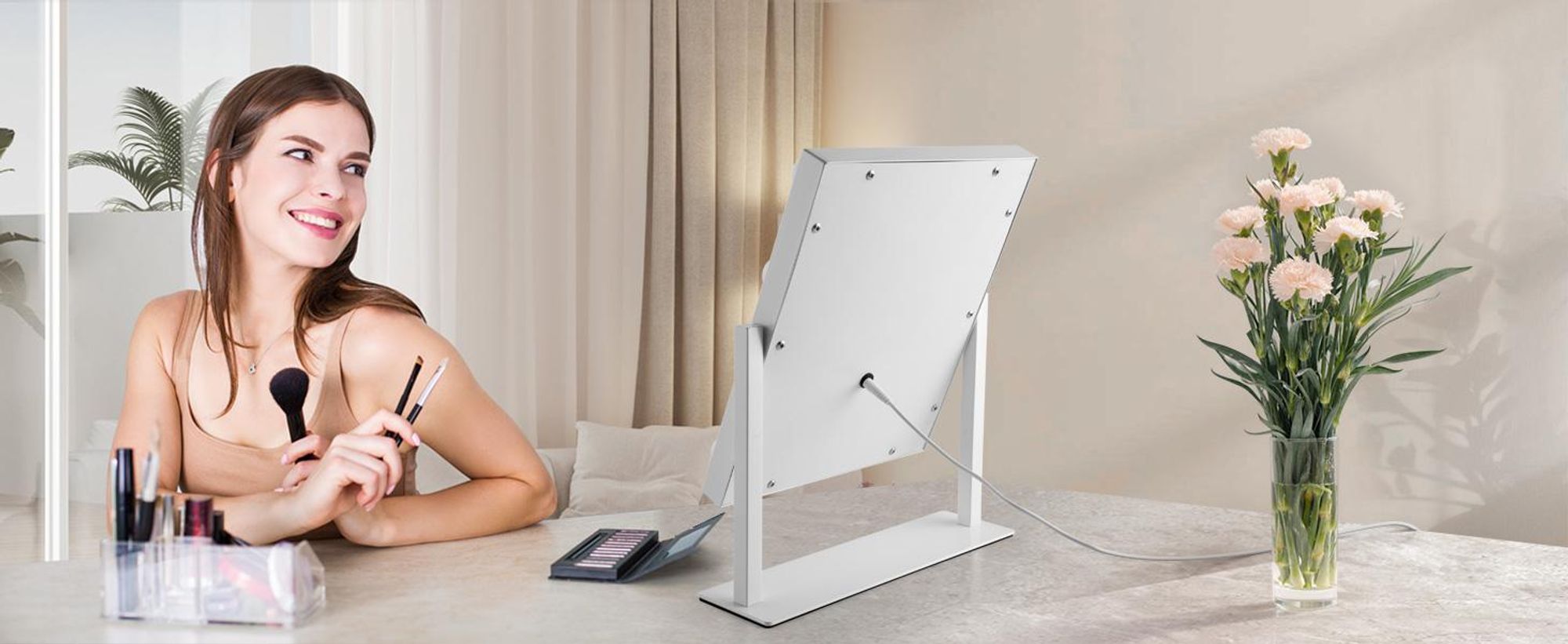 Miroir cosmétique EMKE avec éclairage LED 47,5 x 36,5 cm Miroir de maquillage grossissement 7x 3 couleurs de lumière Intensité réglable Rotation à 360°, blanc