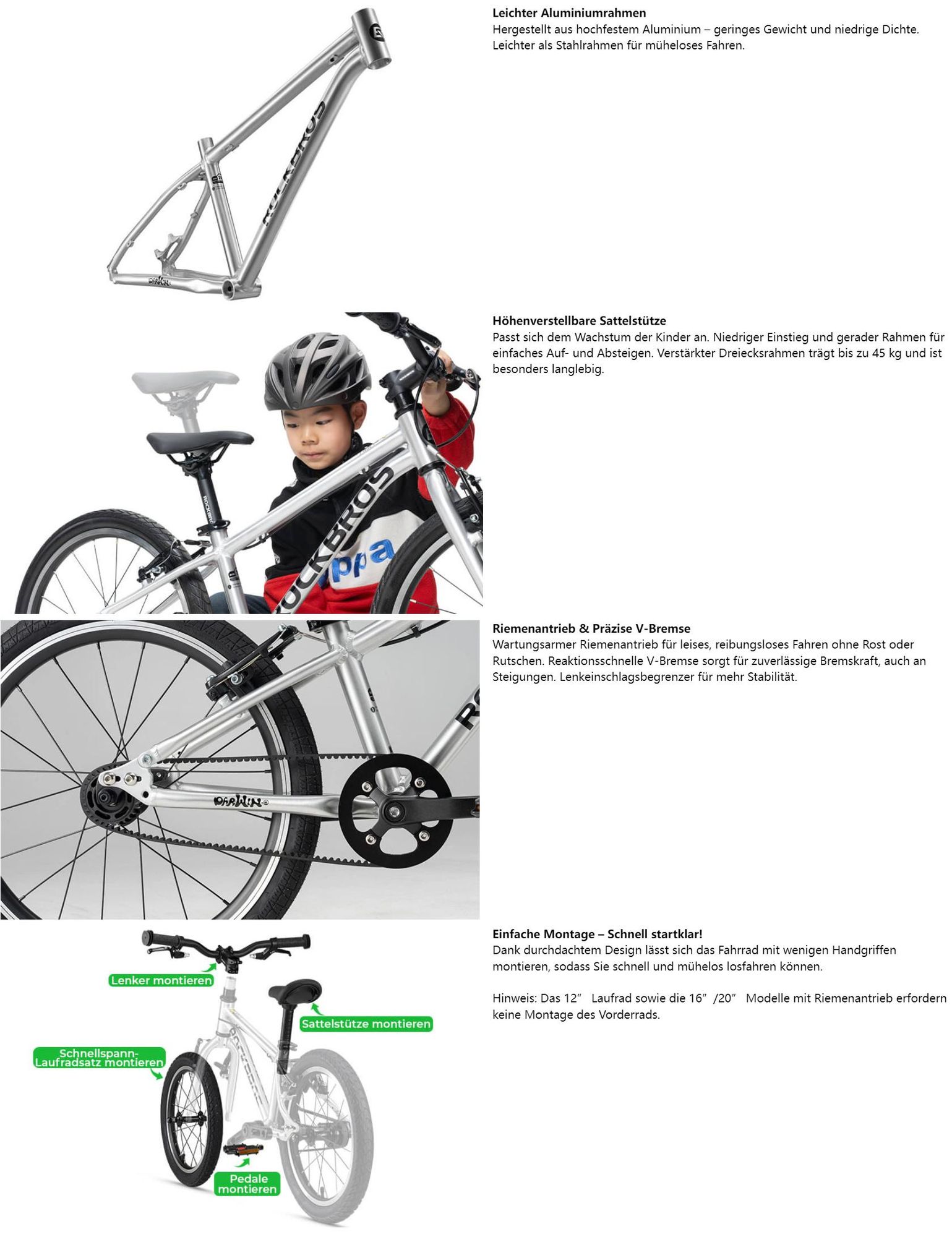 ROCKBROS Darwin - Riemenantrieb Fahrrad Sicherheits-V-Bremse Leicht & Sicher für Anfänger Silber 20" für Kinder 6-10 Jahre