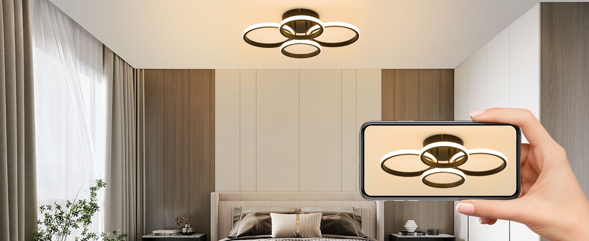 ZMH Deckenlampe LED Deckenleuchte Wohnzimmer Dimmbar Wohnzimmerlampe Modern Schwarz 48W Schlafzimmerlampe 55cm Design Deckenbeleuchtung 4-Ring Küchenlampe mit Fernbedienung für Haus Wohnung