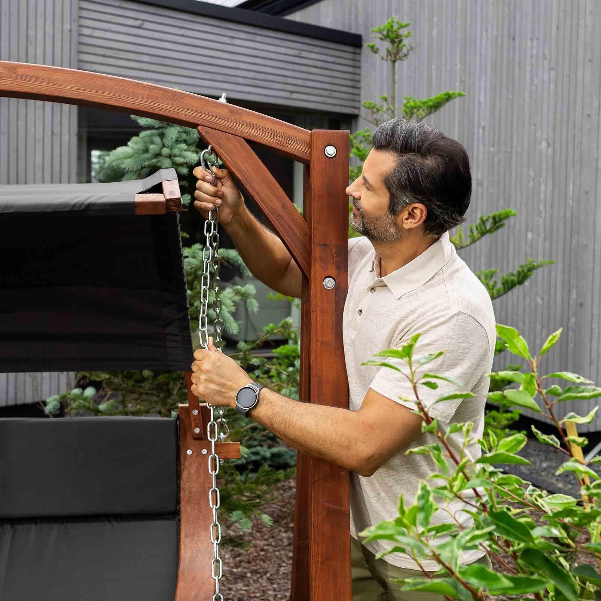 di volio Hollywoodschaukel Pergia grau, Gartenschaukel aus Holz, Outdoor Hängesessel mit Gestell für 2 Personen, mit Sonnendach, wetterfest & robust