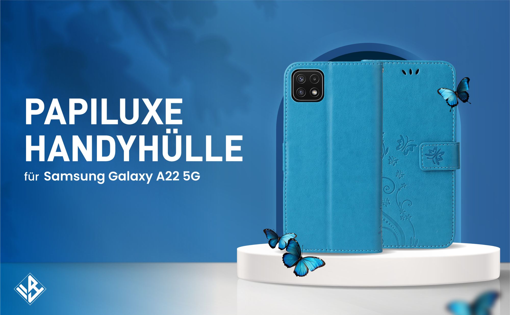 Blaue Klapphülle im Schmetterling Design für Samsung Galaxy A22 5G mit Wallet-Funktion