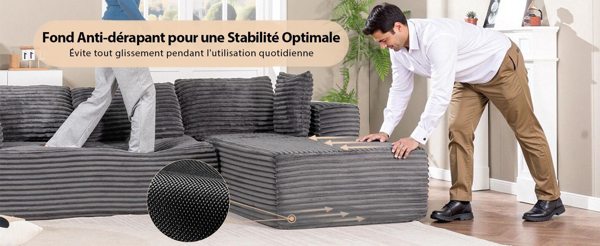 COMHOMA Sofa Big-Sofa, Canapé en L, Canapé d'angle, Chaiselongue Canapé-lit avec assise profonde et larges accoudoirs, tissu velours côtelé gris