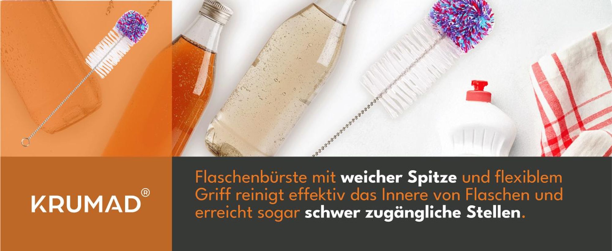 KRUMAD Flaschenbürste 35 cm, langer Flaschenreiniger für Glasflaschen und Karaffen, weiche Baumwoll- und Nylonbürste