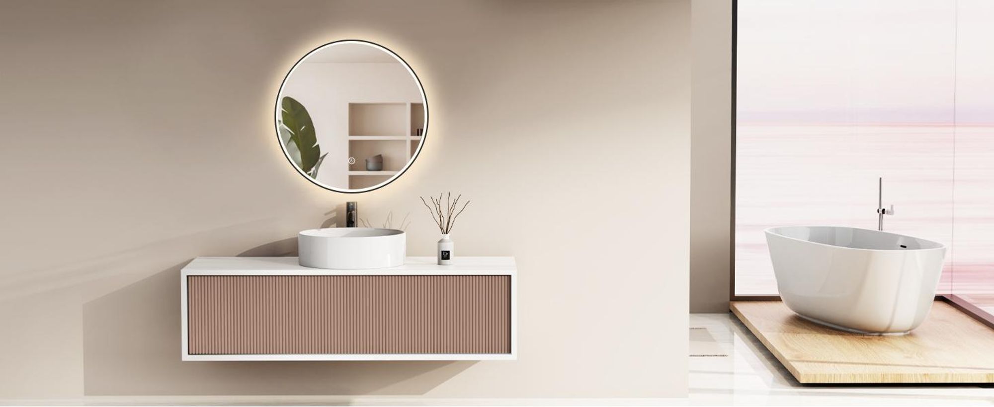 Specchio da bagno LED HOKO, forma circolare, diametro 60 cm, cornice in alluminio nero, interruttore touch con funzione di memoria, regolazione della temperatura del colore da 2700 a 6500 K, grado di protezione IP44 per l'uso in bagno, modello Helsinki