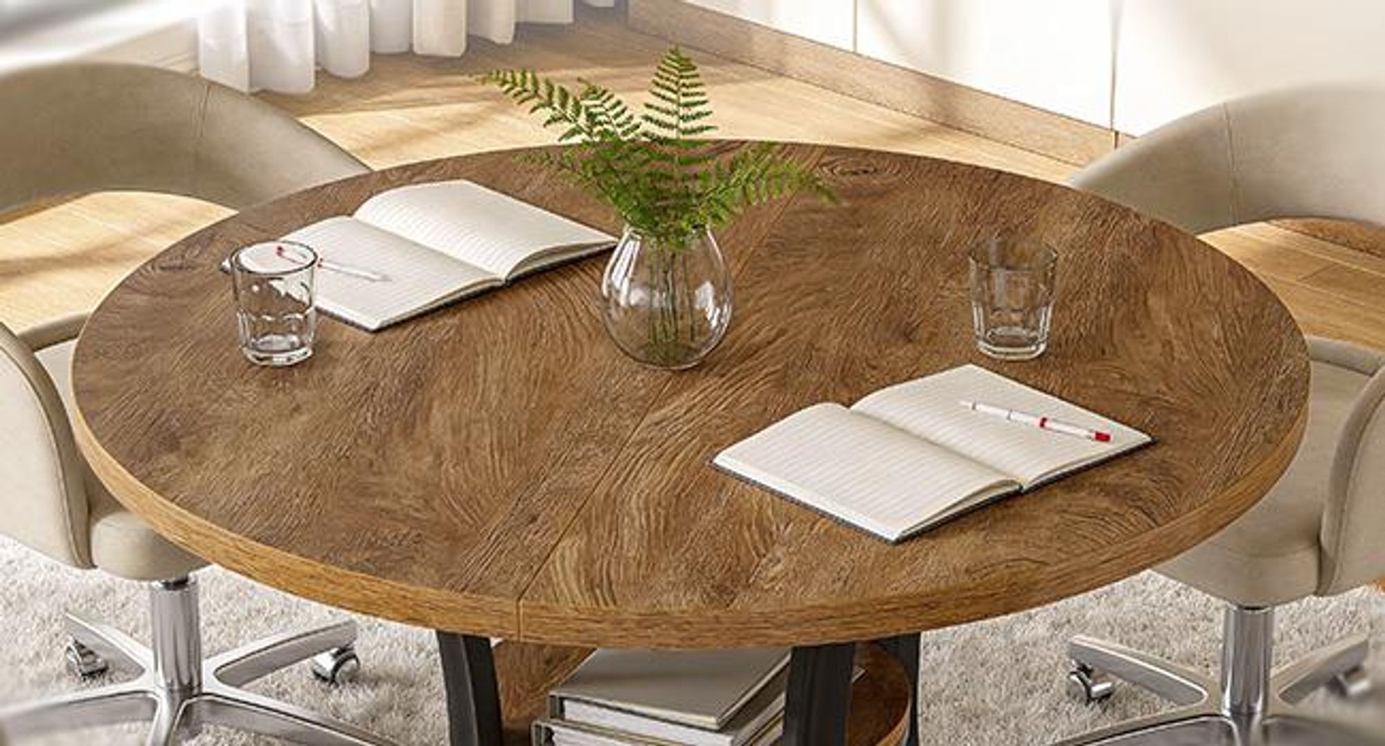 Tribesigns Runder Schreibtisch, 100 cm, 2-4 Personen, moderner Besprechungstisch mit 2-stufigem Ablagefach, Metallgestell, Büro, Konferenzraum, Braun