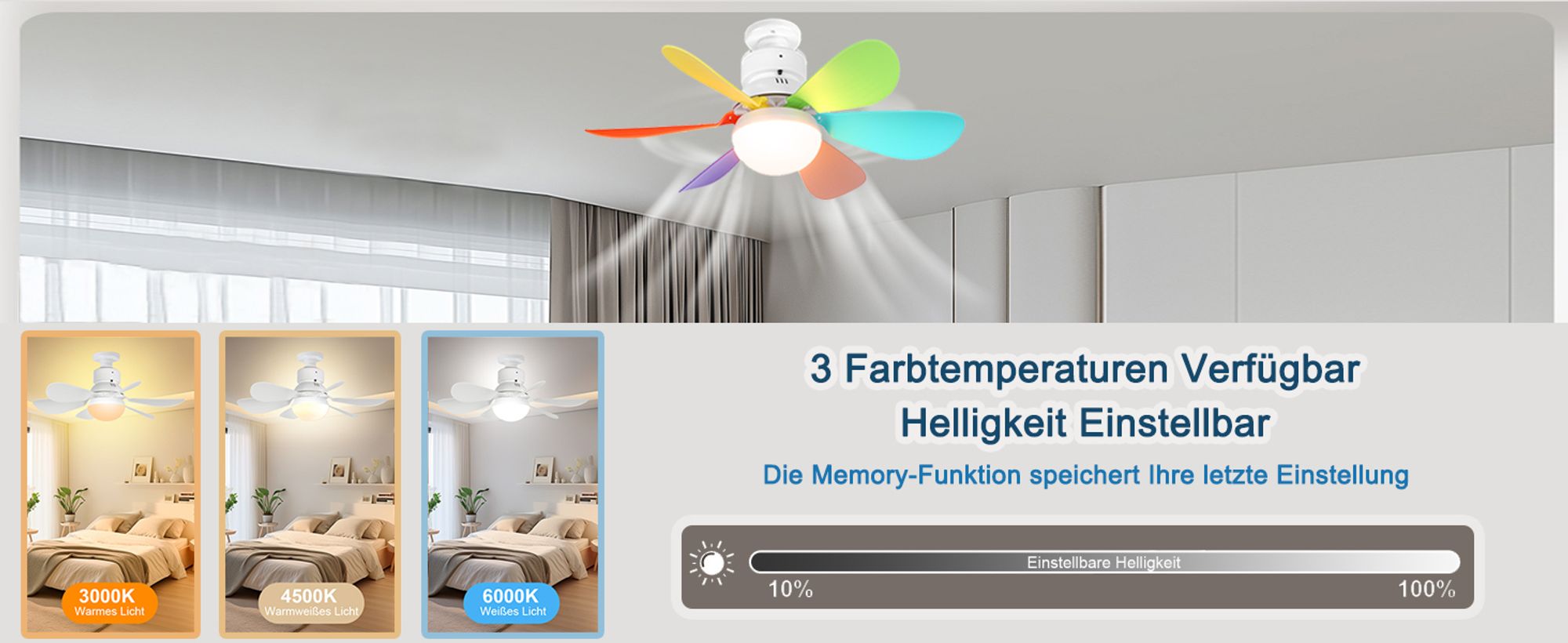 40W Deckenventilator mit Beleuchtung und Fernbedienung E27 3 Farbtemperatur Dimmbar 3 Windgeschwindigkeit Lüfterleuchte,  Bunt