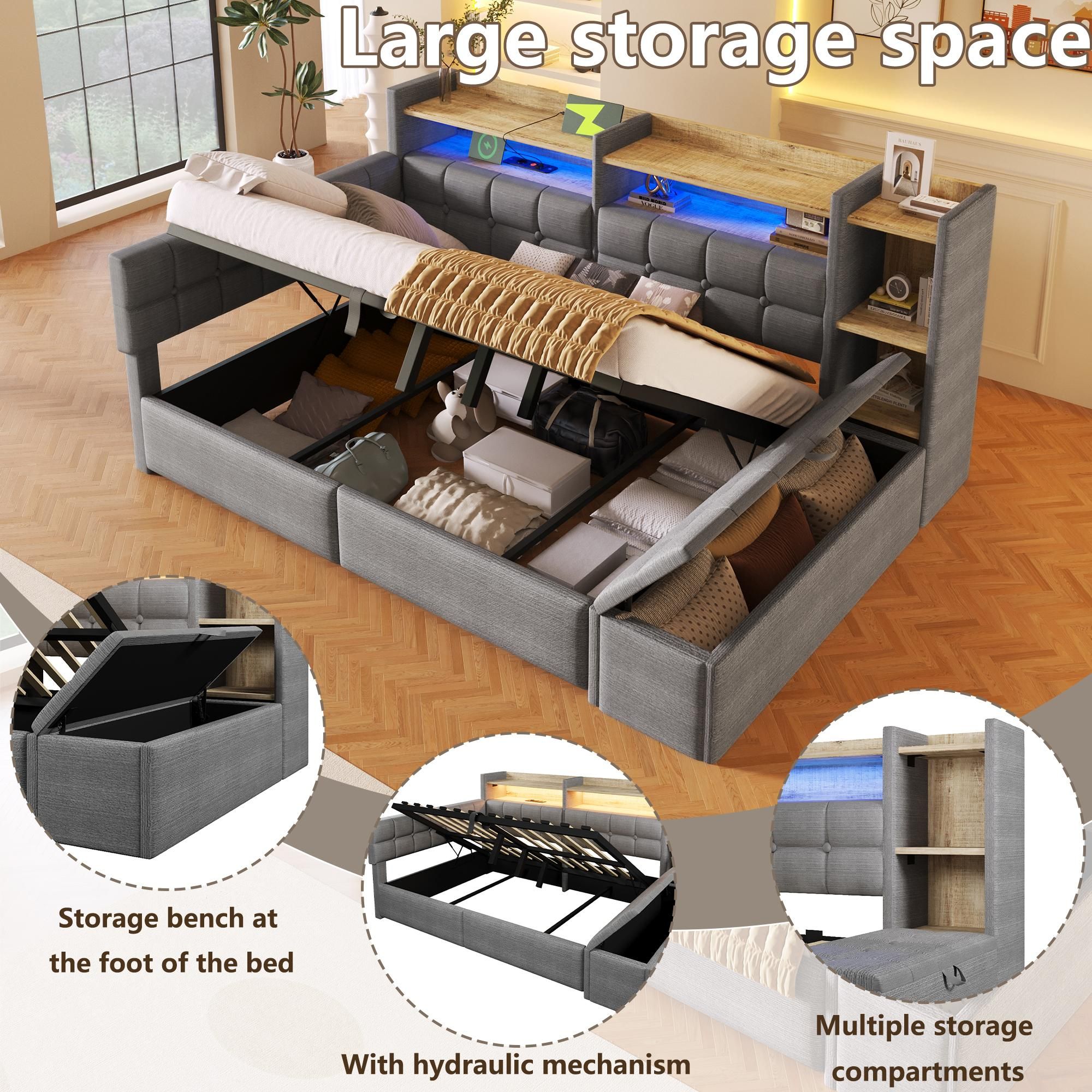 Flieks Schlafsofa Tagesbett 140x200cm mit Hydraulischem Betthocker, Polsterbett Doppzelbett mit Ladefunktion & Led, Jugendbett Samt mit Ablagen, Grau