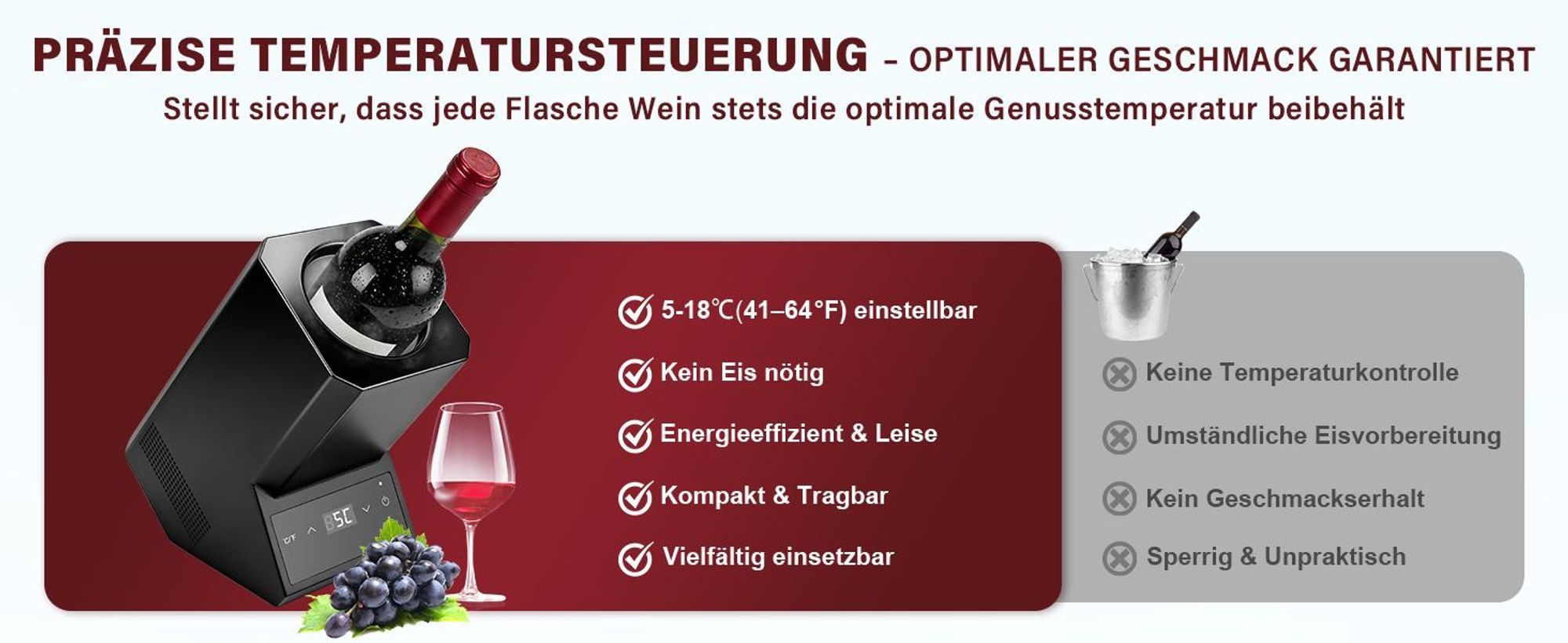 5-18°C Einstellbar Weinkühler Elektrisch, Touch Bedienung & 24H Dauerbetrieb Cooler Flaschenkühler Getränkekühler für Wein Sekt Champagner ohne Eis
