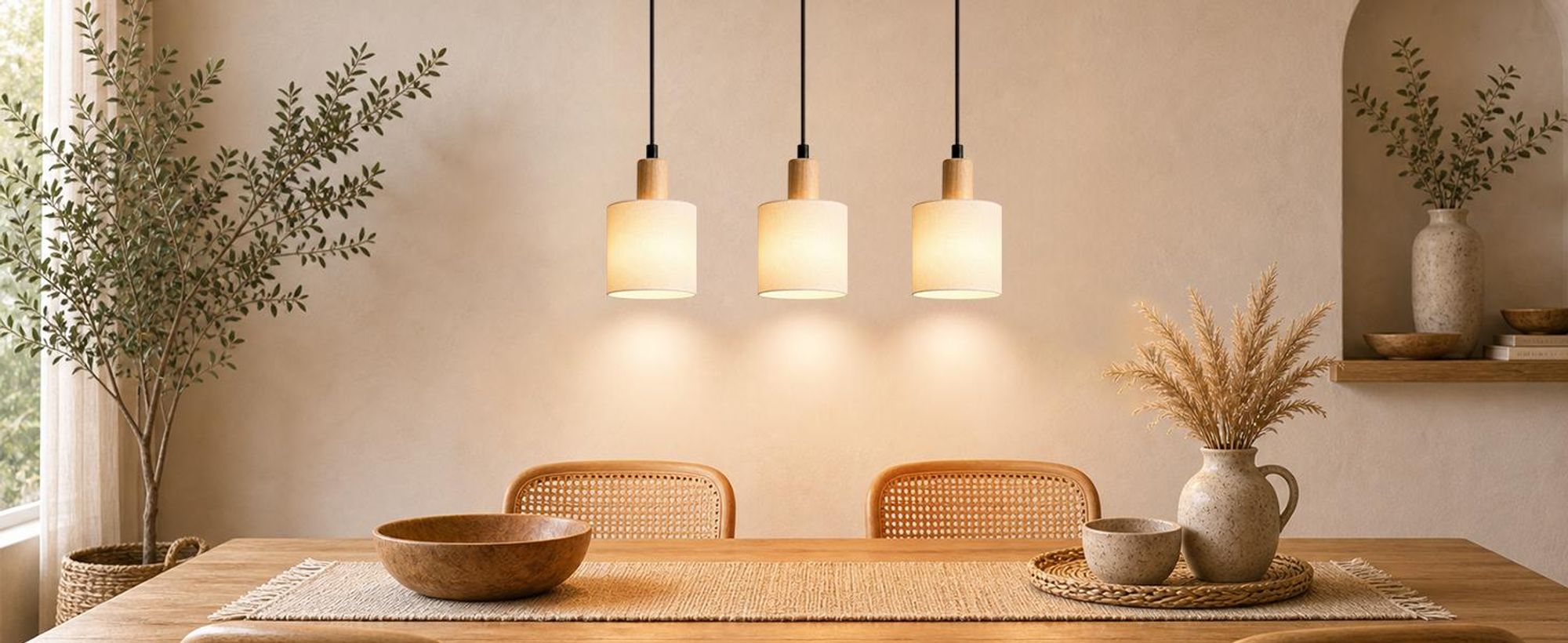 ZMH Hanglamp, houten eettafel lamp, 3-licht, vintage hanglamp met stoffen kap, E14, hanglamp voor woonkamer, restaurant, slaapkamer, keuken, wit
