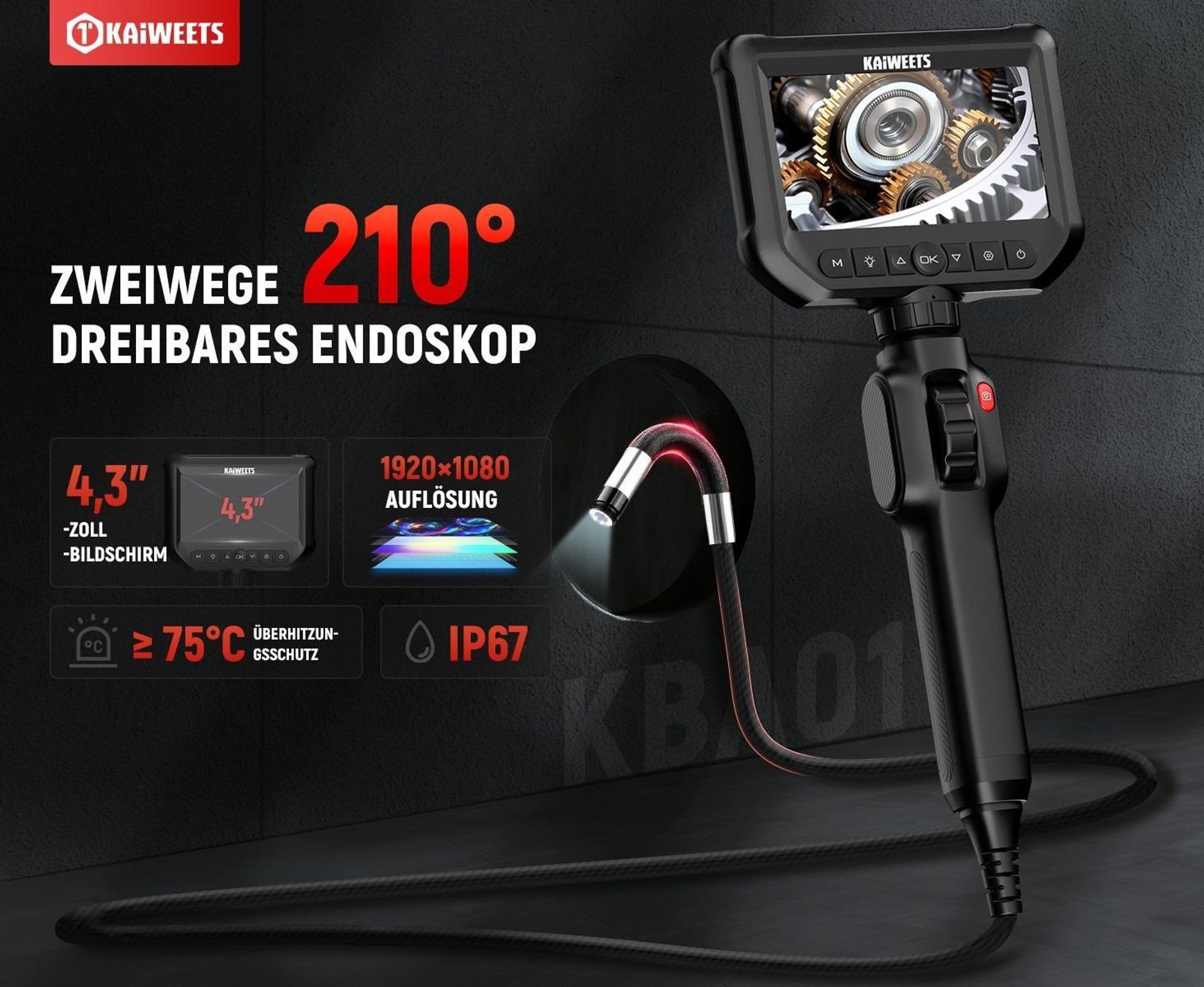 KAIWEETS telecamera endoscopica KBA01 con luce, display IPS da 4,3", 1080P, rotazione bidirezionale di 210°, impermeabile IP67, 8 LED, tubo flessibile da 1,5 m, per auto e tubature