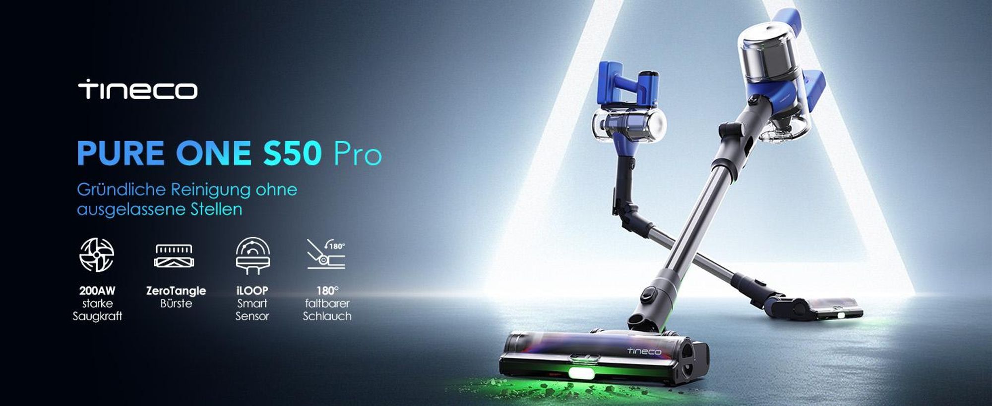 Tineco PURE ONE S50 Pro Akku Staubsauger, 200AW Saugleistung, iLoop, bis zu 95 Min. ZeroTangle-Bürste Handstaubsauger für Großschmutz sowie Tierhaare