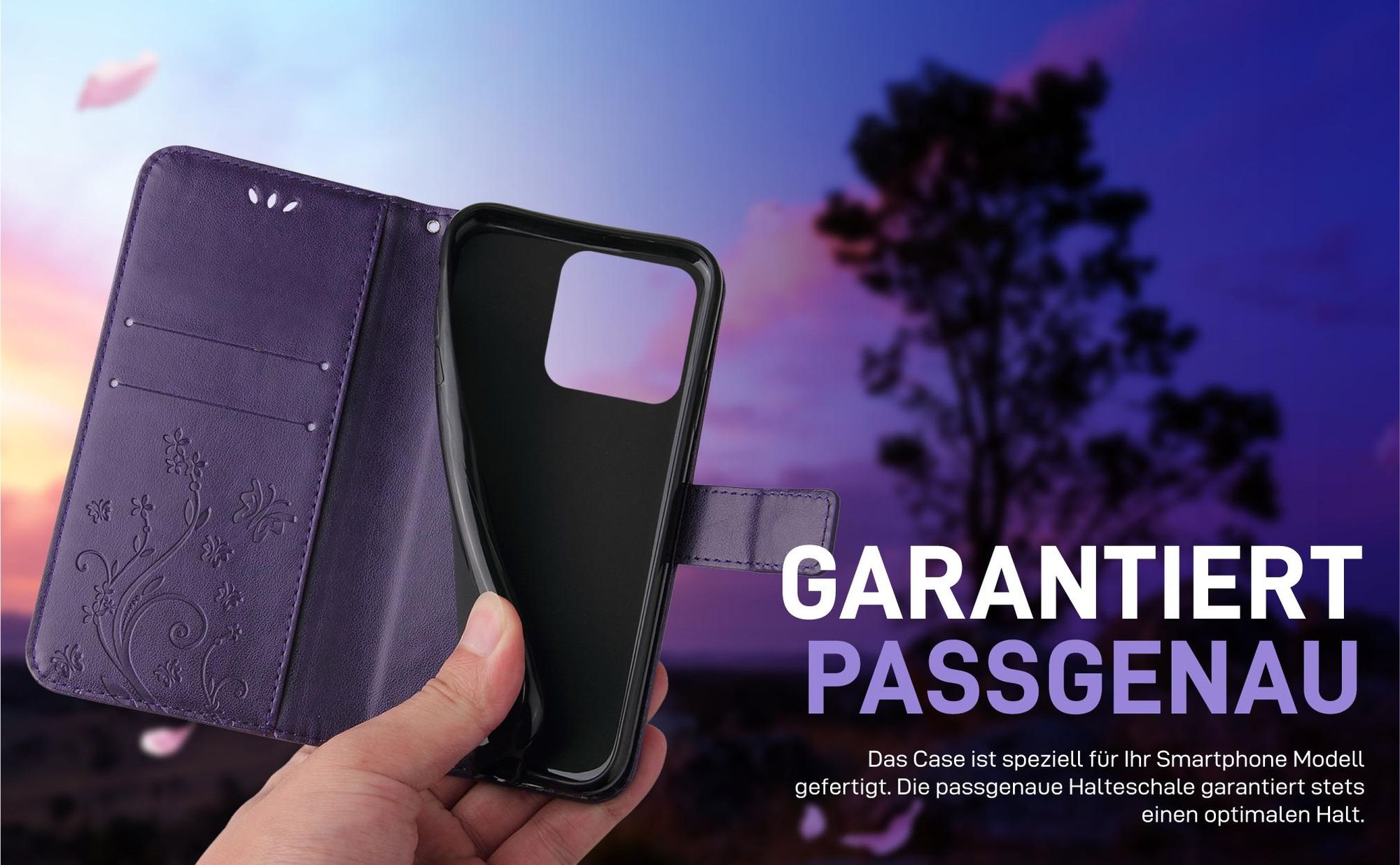 Violette Klapphülle für Apple iPhone 15 Pro Max mit präziser Passform und sicherem Halt