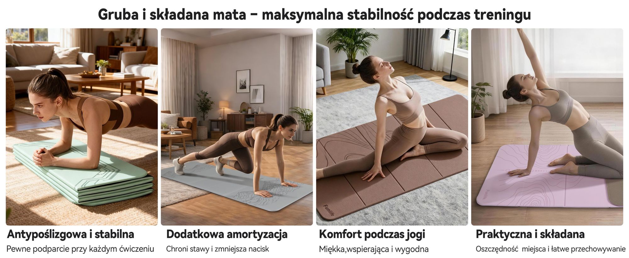 FunLife Składana mata do jogi XXL, 190x66 cm – grubość 10 mm, antypoślizgowa mata do fitnessu i gimnastyki, idealna do jogi, pilatesu, treningów w domu i na świeżym powietrzu