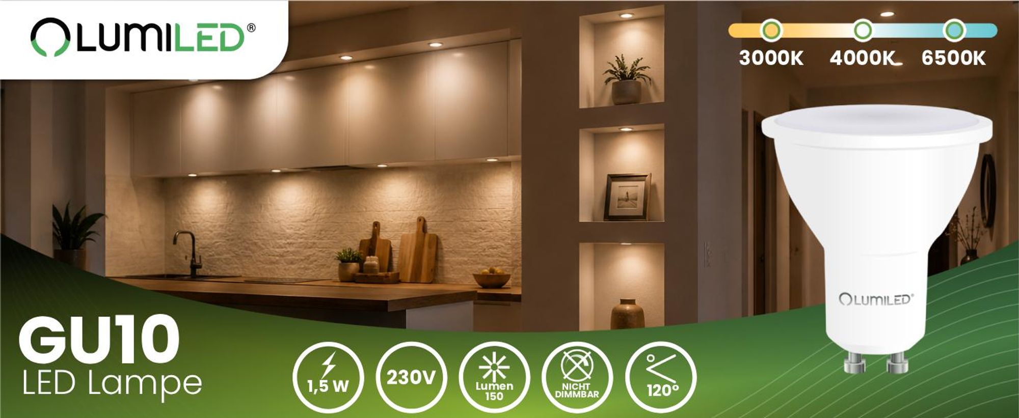 LUMILED GU10 LED Lampe PAR16 1,5W ersetzt 15W 150lm 3000K Warmweiß 120° Nicht Dimmbar 10er Pack Energiespar Leuchtmittel Reflektor Spot für Küche Wohnzimmer Büro Flur 10 Stück Lampen