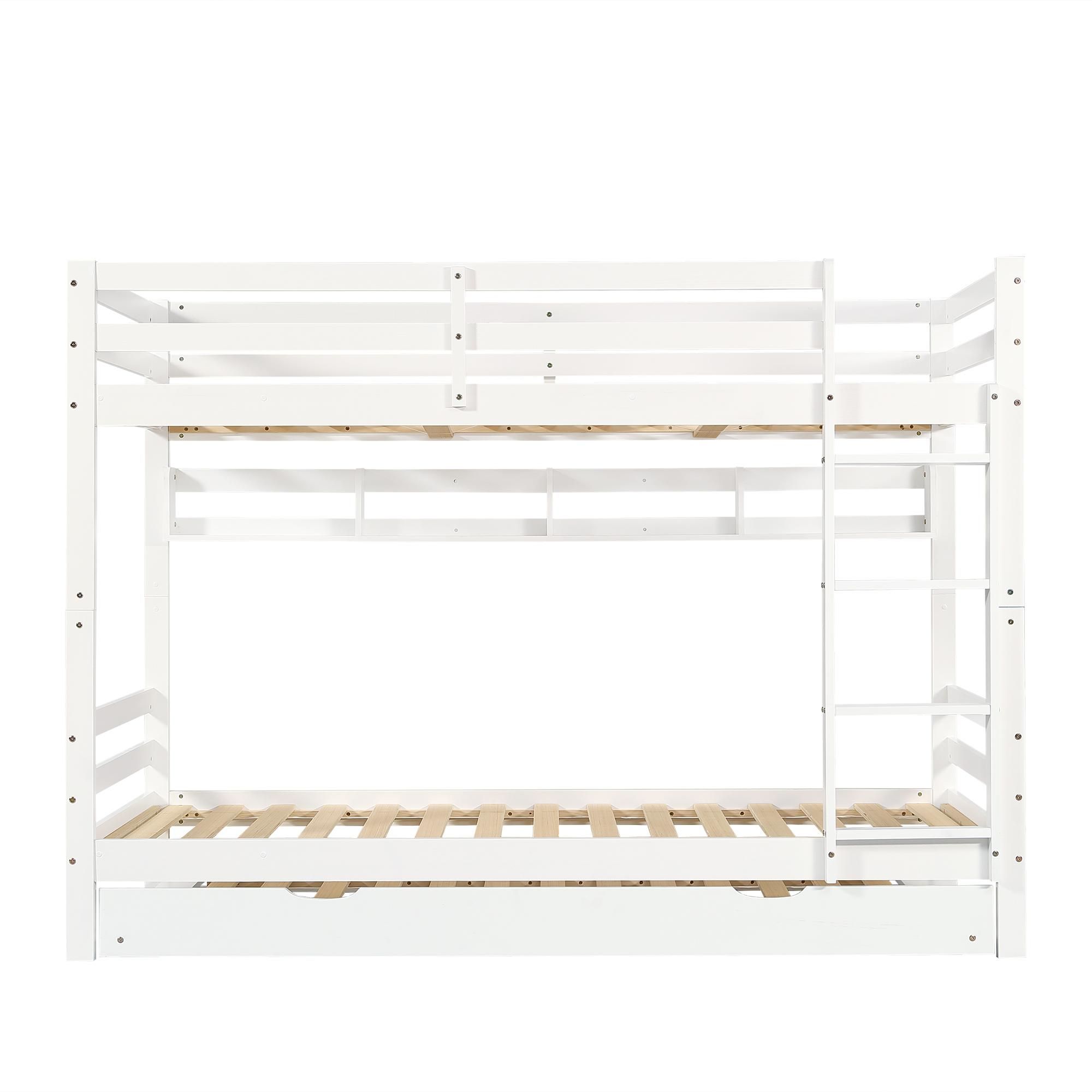Flieks Etagenbett 90x200cm mit Regal, Kinderbett Hochbett mit 90x190cm großem Ausziehbett, Stockbett Einzelbett für 2 Kinder Kinderzimmer, Weiß