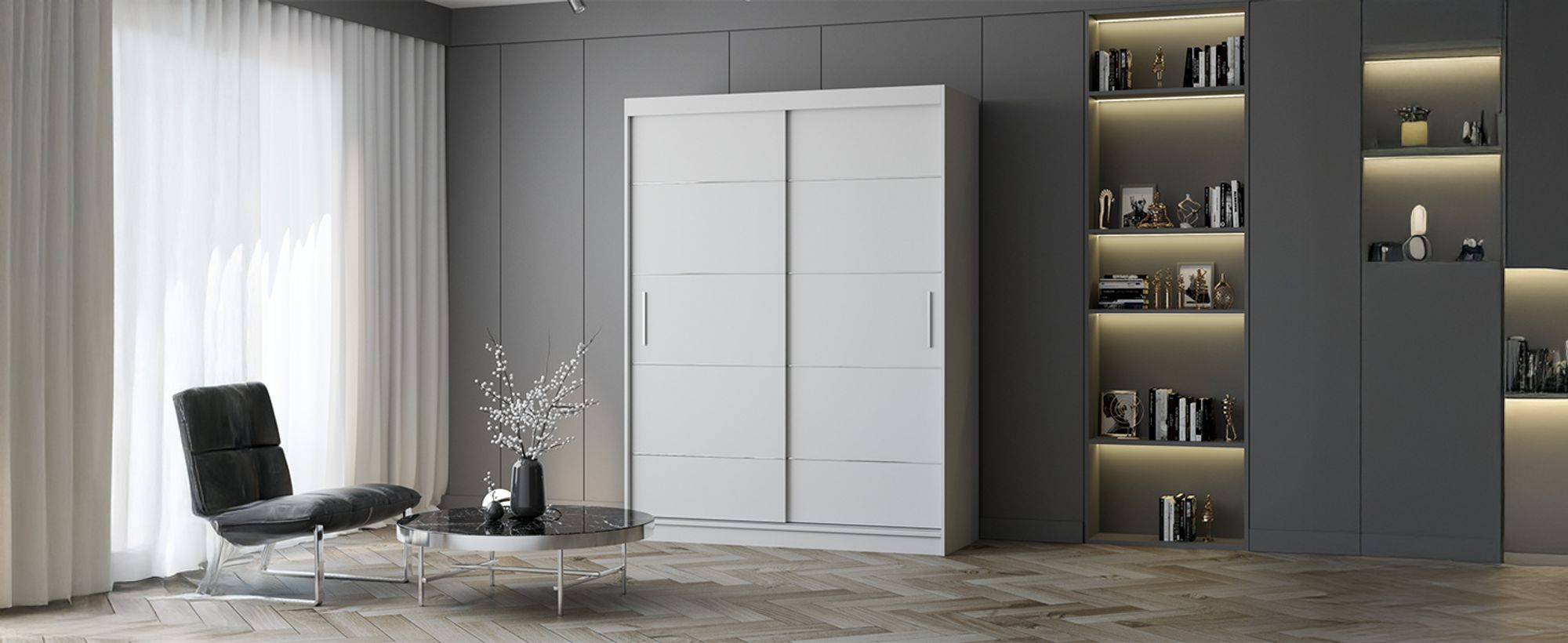 Schwebetürenschrank Kleiderschrank Schrank 150 cm Weiß/Weiß mit Zierleisten Vista 06