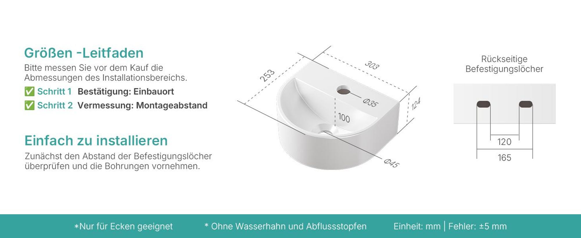 EMKE Kompakt-Wandwaschbecken Keramik U-Form 30.3 × 25.5 × 12 cm –Weiß mit Armaturbohrung