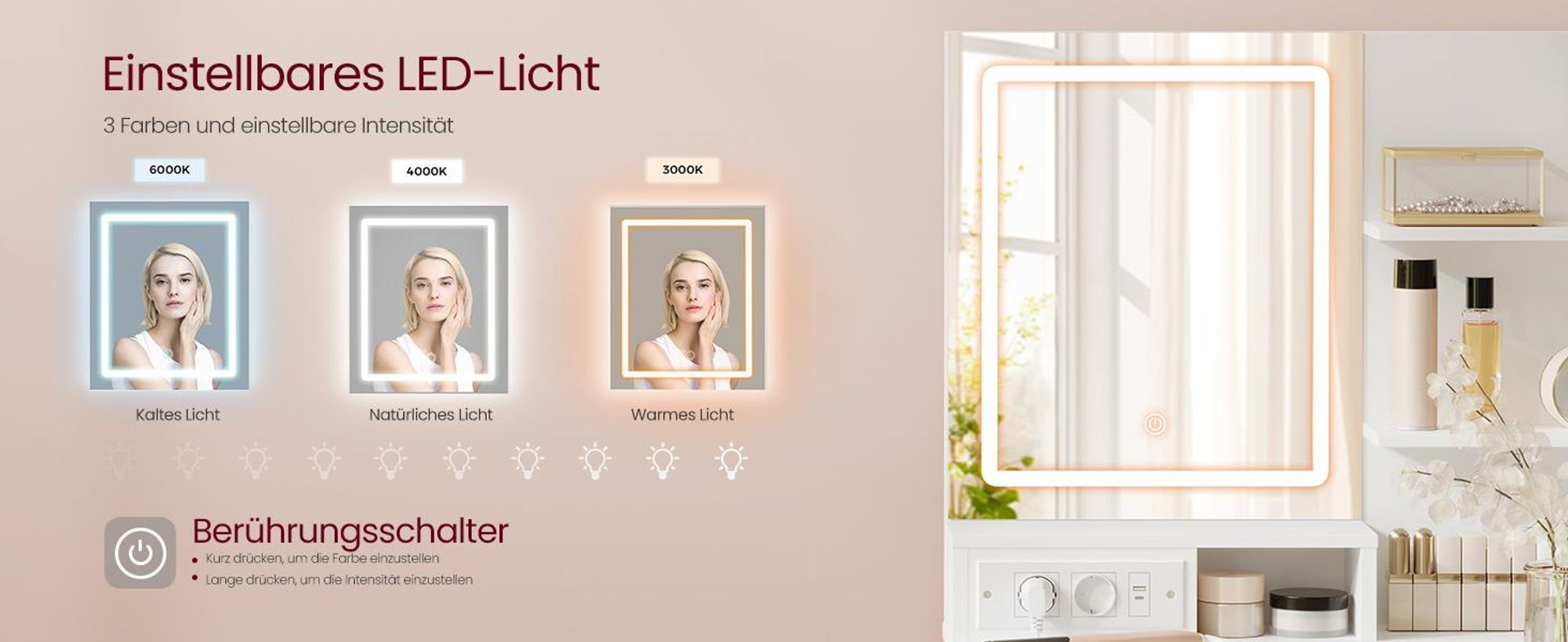 Schminktisch, Spiegel mit LED-Licht, integrierte Steckdosenleiste, Frisiertisch
