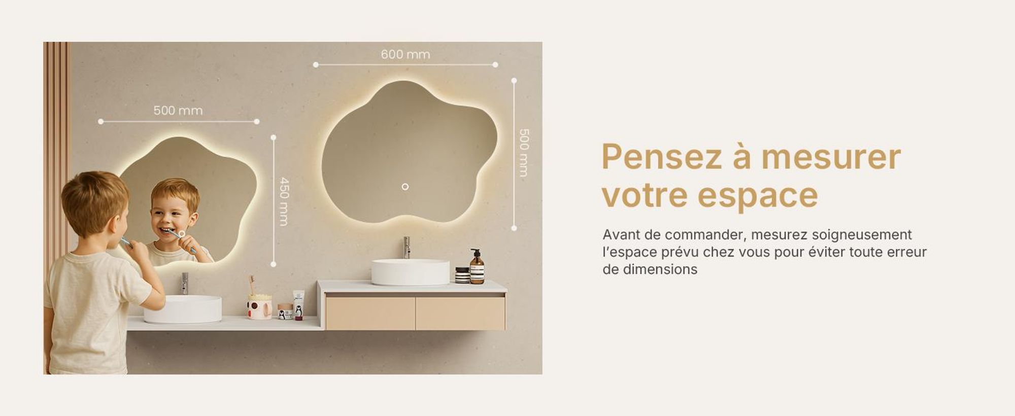Miroir de salle de bain EMKE LED 50 x 45 cm - Anti-buée - 3 couleurs de lumière réglables - Interrupteur tactile - Miroir de salle de bain aux formes organiques avec éclairage