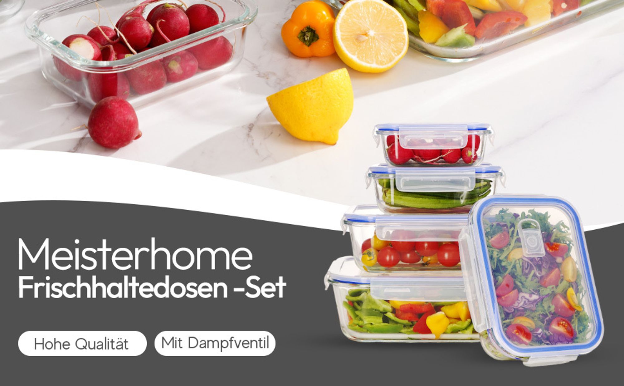 Meisterhome® Frischhaltedosen Glas - Ofenschalen Set – Mit Deckel - Aufbewahrungsbox - Ofen – Meal Prep Behälter - 5-teiliges Set - Luftdicht - Frisch