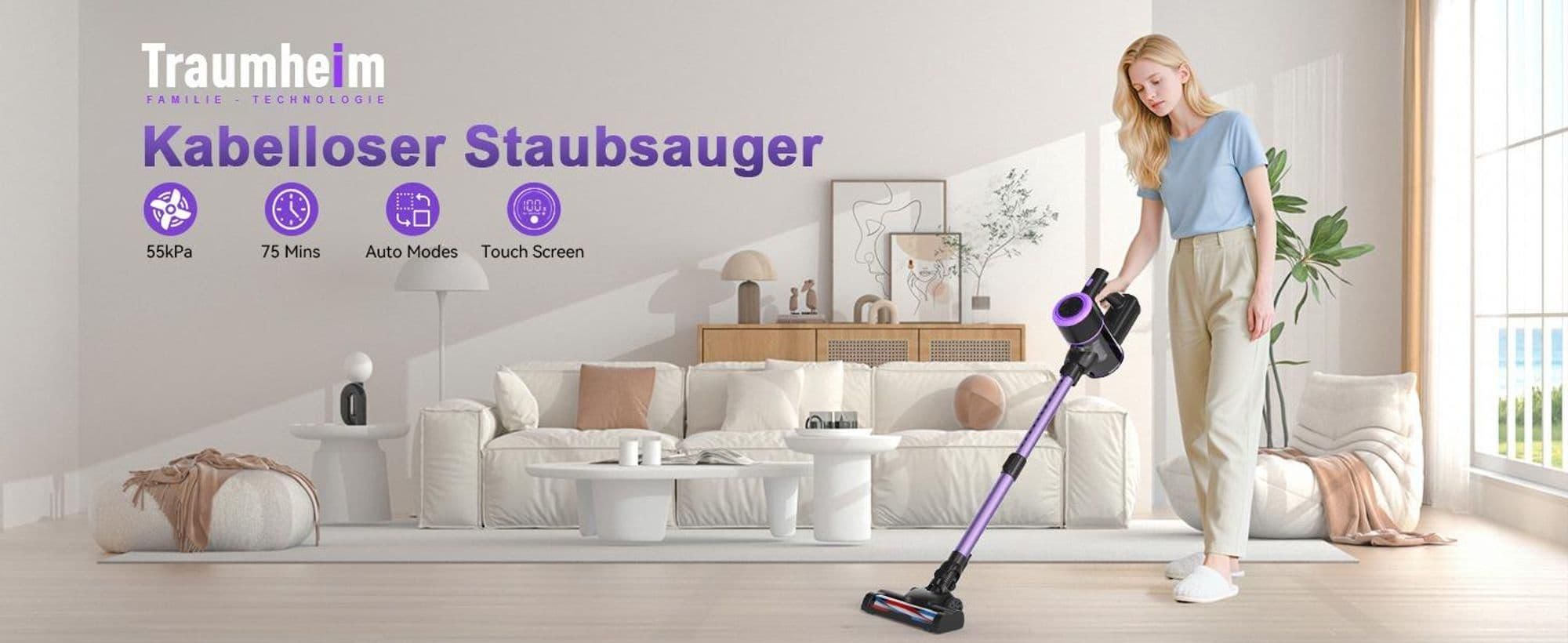 Akku Staubsauger, 500W/36000Pa Staubsauger kabellos mit HEPA ,45 Min, kabelloser Staubsauger,Anti-Tangle-Staubsauger