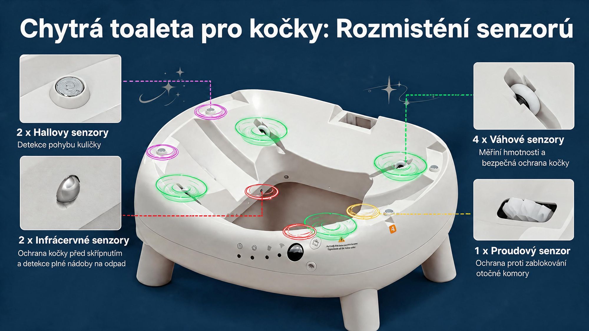 Samočistící kočičí toaleta XXL 65 l, automatická, ovládání přes aplikaci, 9 čidel proti zaseknutí, neutralizace zápachu, až 15 dní, pro více koček
