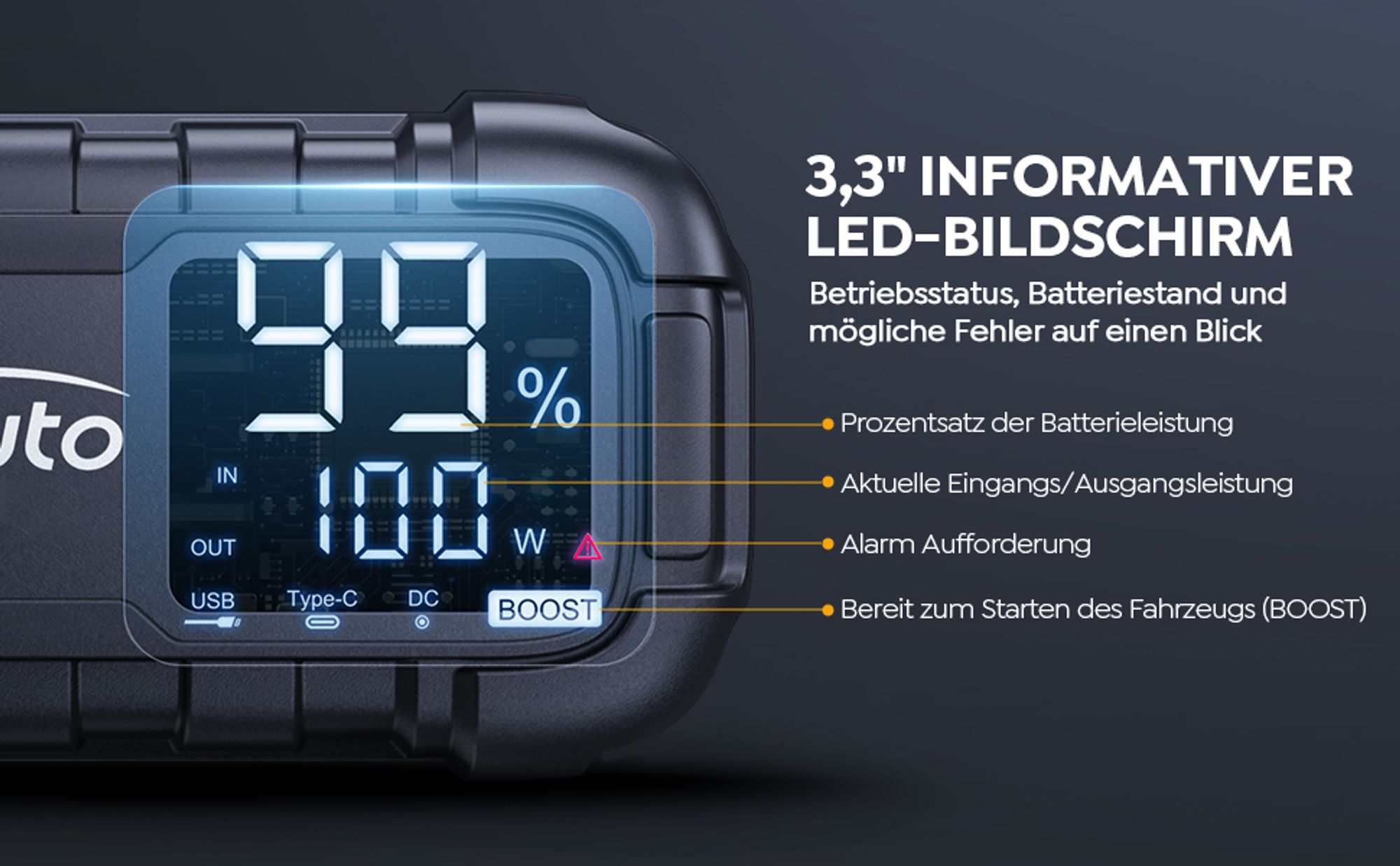 YaberAuto Starthilfe Powerbank, 6000A Spitzenstrom, 65W Schnellladung, Starter Powerbank Auto Starthilfe mit 3,3" LCD Bildschirm, Starthilfegerät