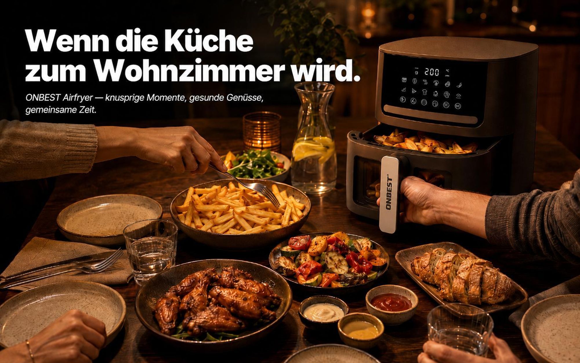 ONBEST Heißluftfritteuse Airfryer AF1665 | mit 100 Backpapier | XXL | 6,5 L | 1600 W | 12 Kochprogramme | Mit Sichtfenster