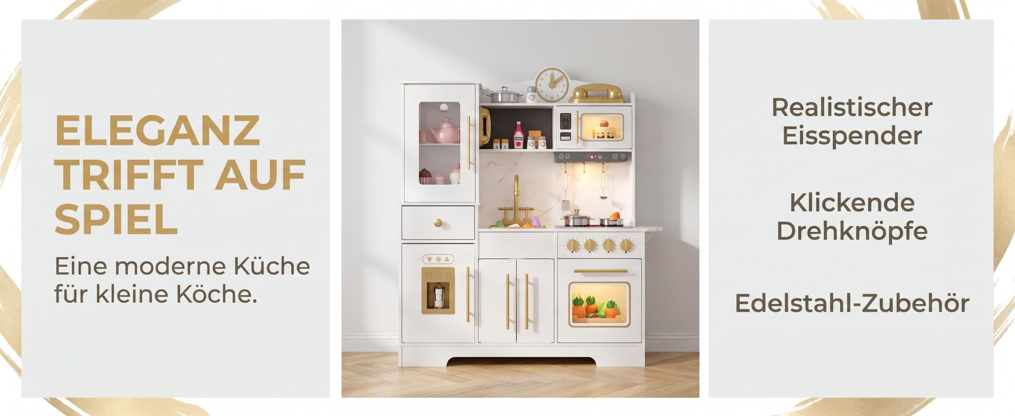 Große Holz Kinderküche Spielküche mit Licht & Sound, Spüle mit Wasserhahn, Backofen, Mikrowelle & Spieluhr, inkl. Zubehör, ab 3 Jahren