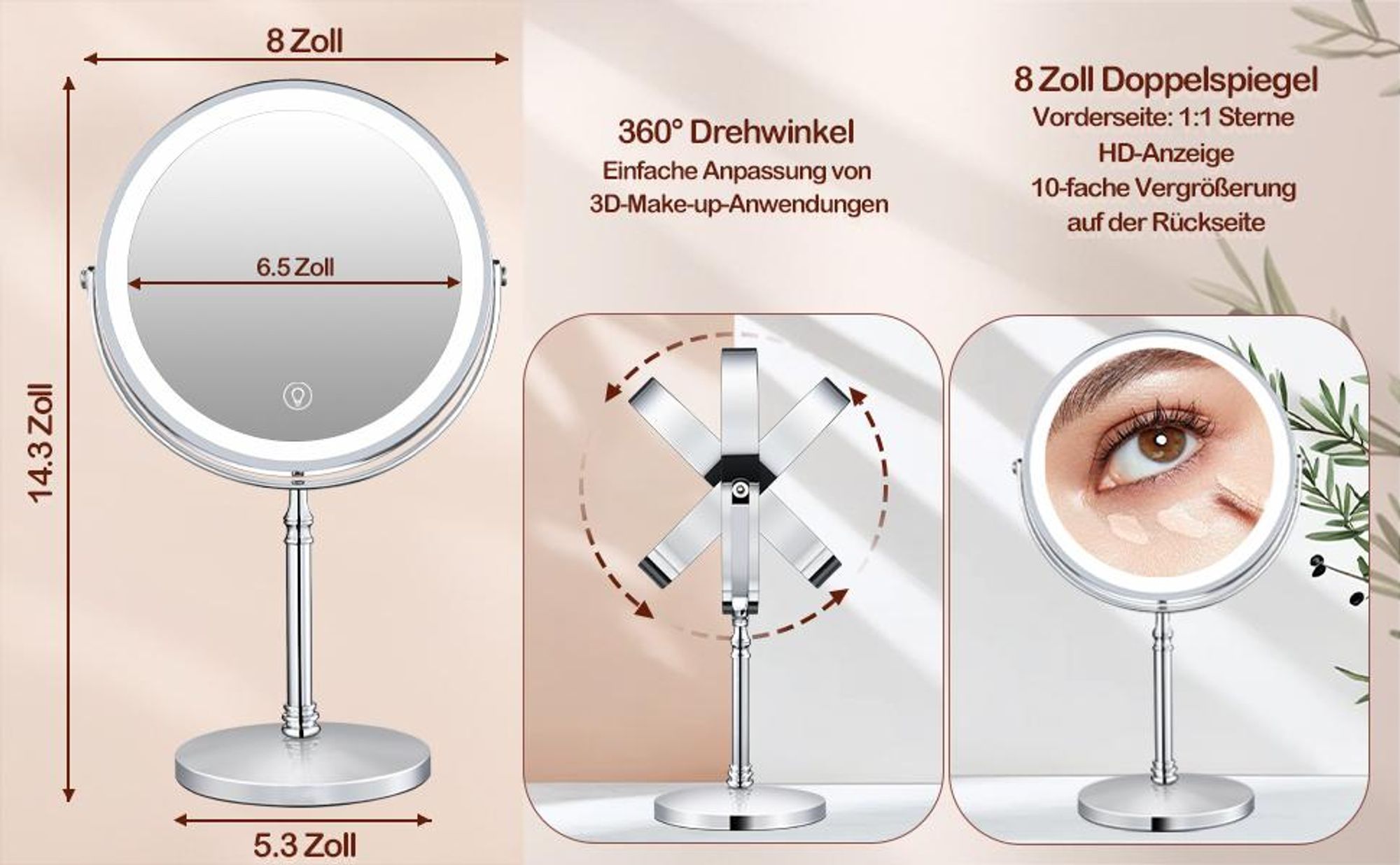 Kosmetikspiegel, Schminkspiegel, Tischspiegel, Schminkspiegel, Rasierspiegel, mit LED Licht, 10X Vergrößerung, Licht Doppelseitiger, 360 Drehbarer