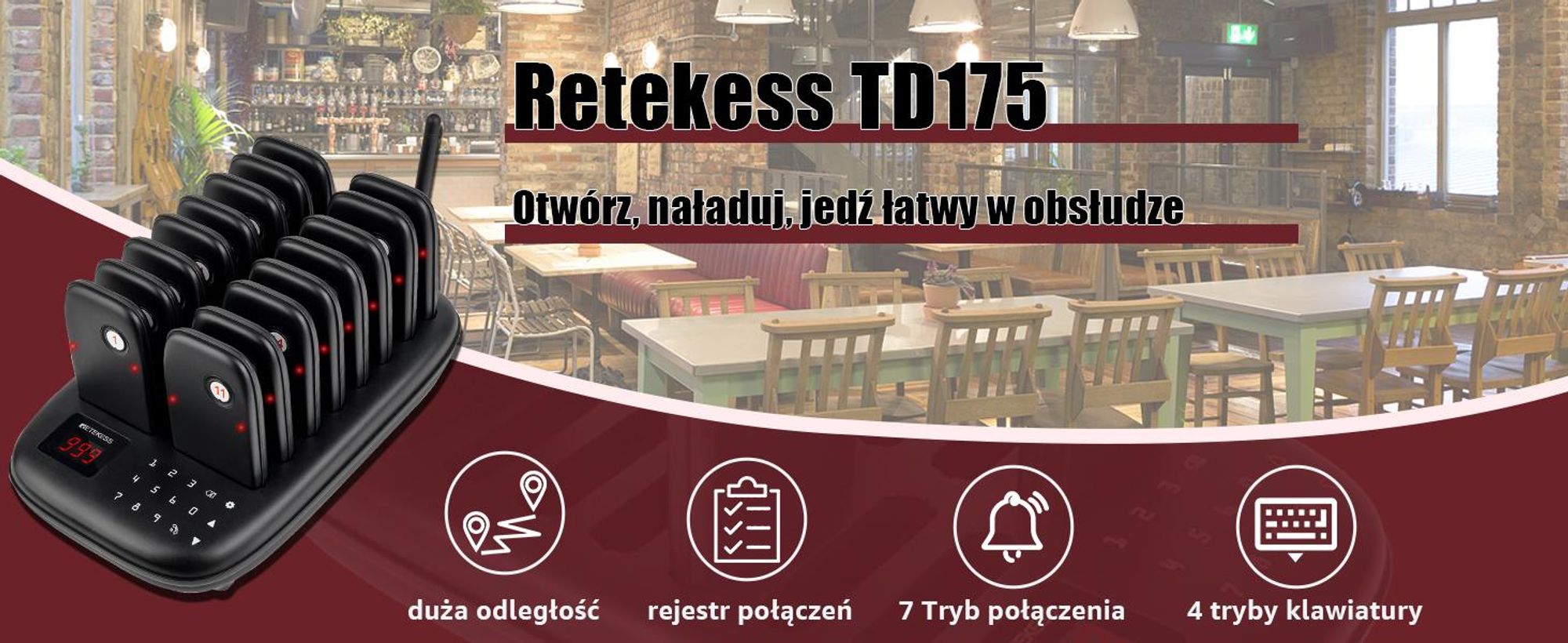 Retekess TD175 Restauracyjny system przywoławczy bezprzewodowy, 500M, gotowy do użycia bez parowania 7 trybów połączeń dla Gastro Miasto i hotelarstwo