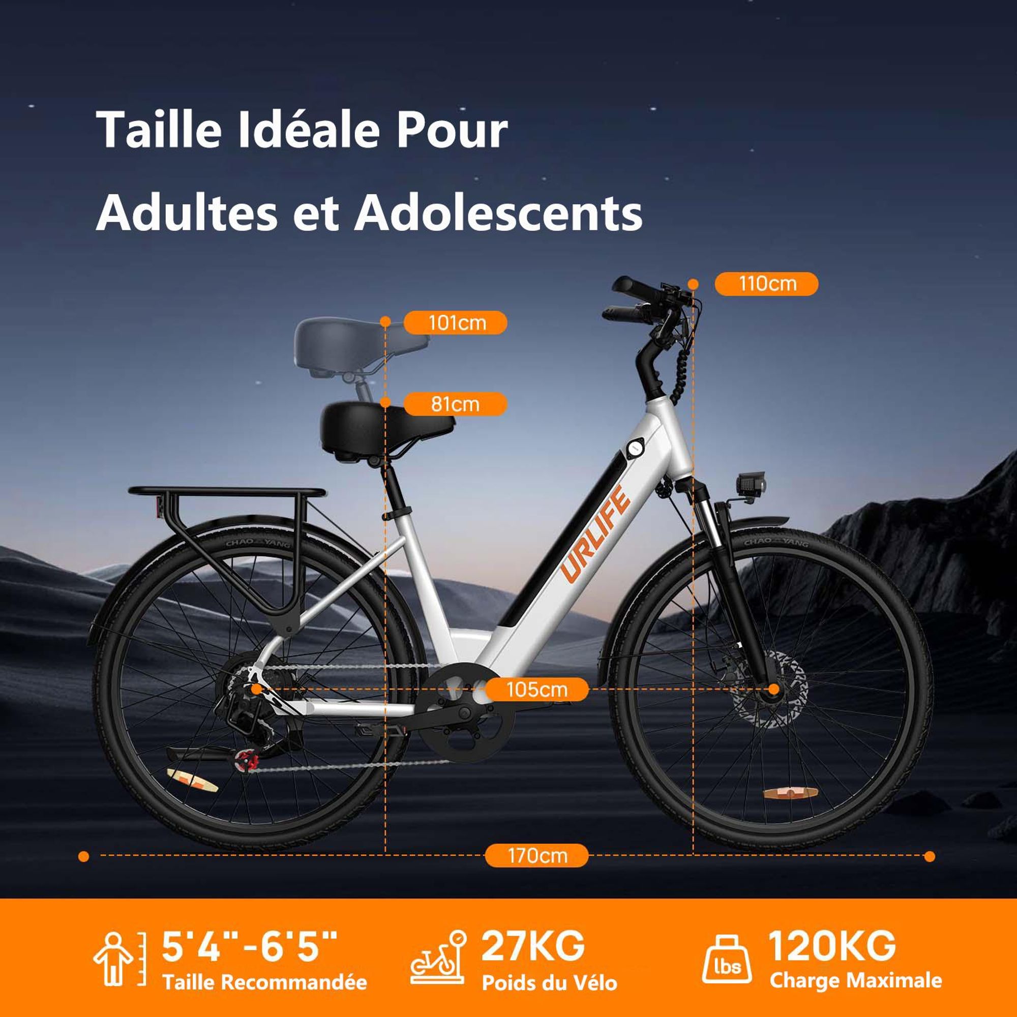 Vélo électrique URLIFE E26 - Moteur 250W Batterie 36V 13Ah Pneus De 26 Pouces  Freins à Disque -Blanc