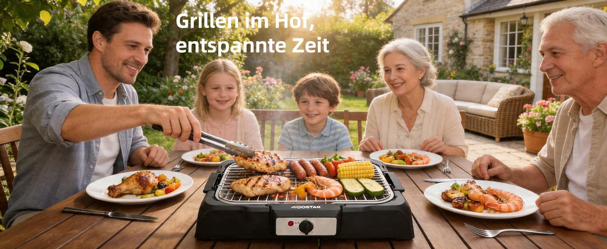 Aigostar - Rauchfreier Tischgrill Barbecue Elektrogrill Elektrischer, Antihaftbeschichtete Grillfläche , Abnehmbarer Fettauffangschale, 2000W
