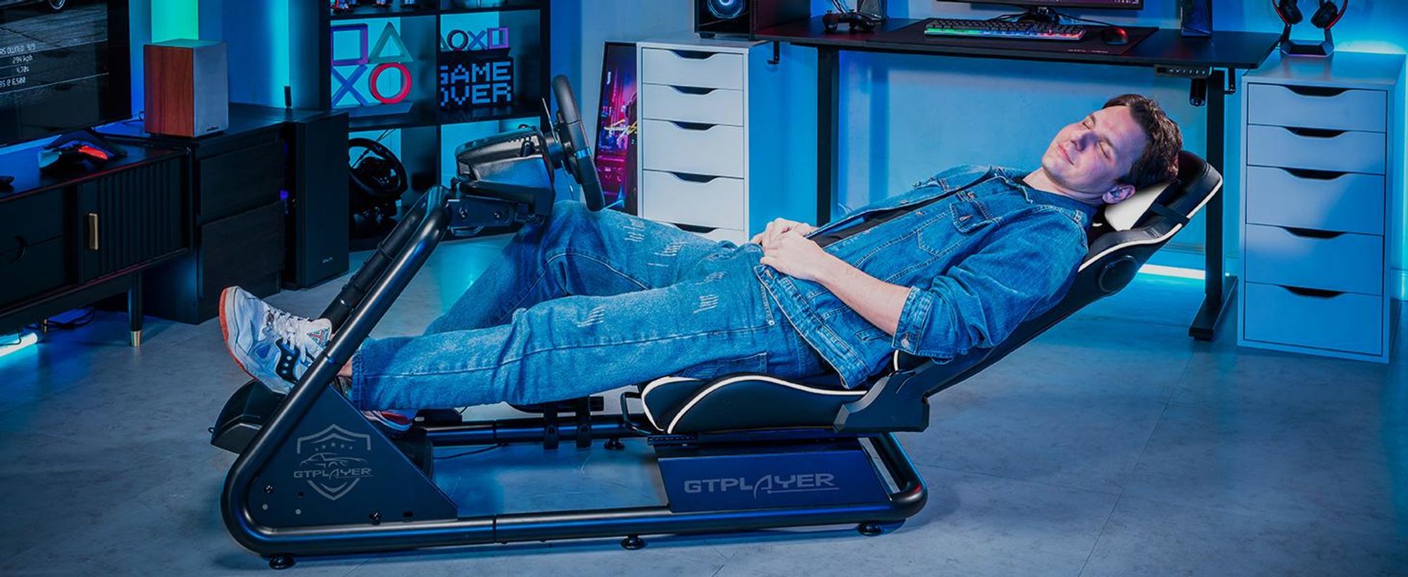 GTPLAYER Simulator Cockpit, SIM-racen cockpit, stuurstandaard voor race-simulators, gamingstoel, stuurstandaard met Bluetooth-luidspreker en pedaalhouder
