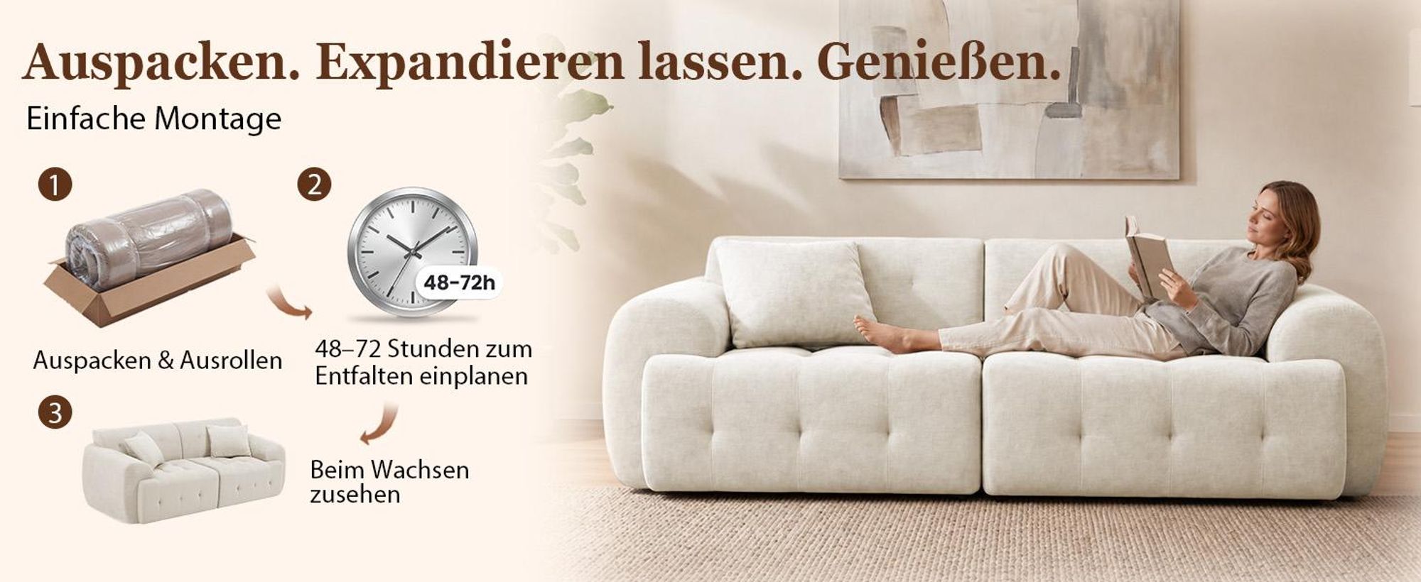 COMHOMA Sofa 2 Sitzer, 180 x 86 x 40 cm Bodensofa, Couch mit Rückenlehne, Kissen und Armlehne, Modernes Stoffsofa für Wohnzimmer, Wohnung, Büro, beige