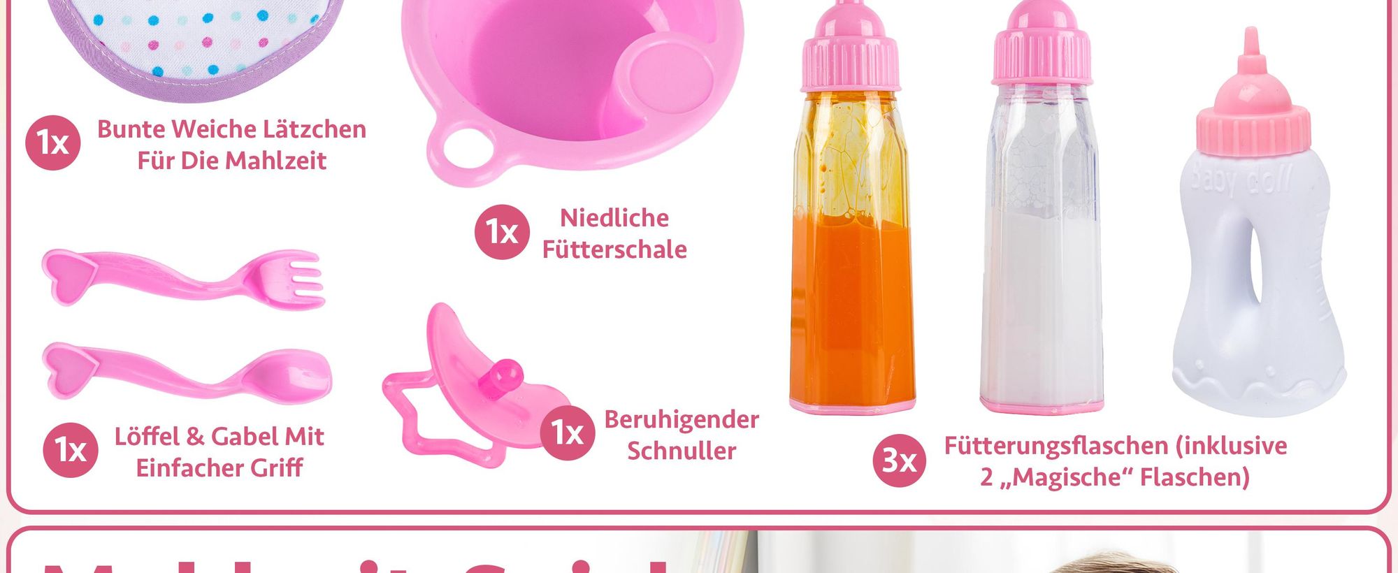 Puppen-Fütterset 8-teilig – mit magischen Fläschchen und Schnuller – realistisches Zubehör für Puppeneltern