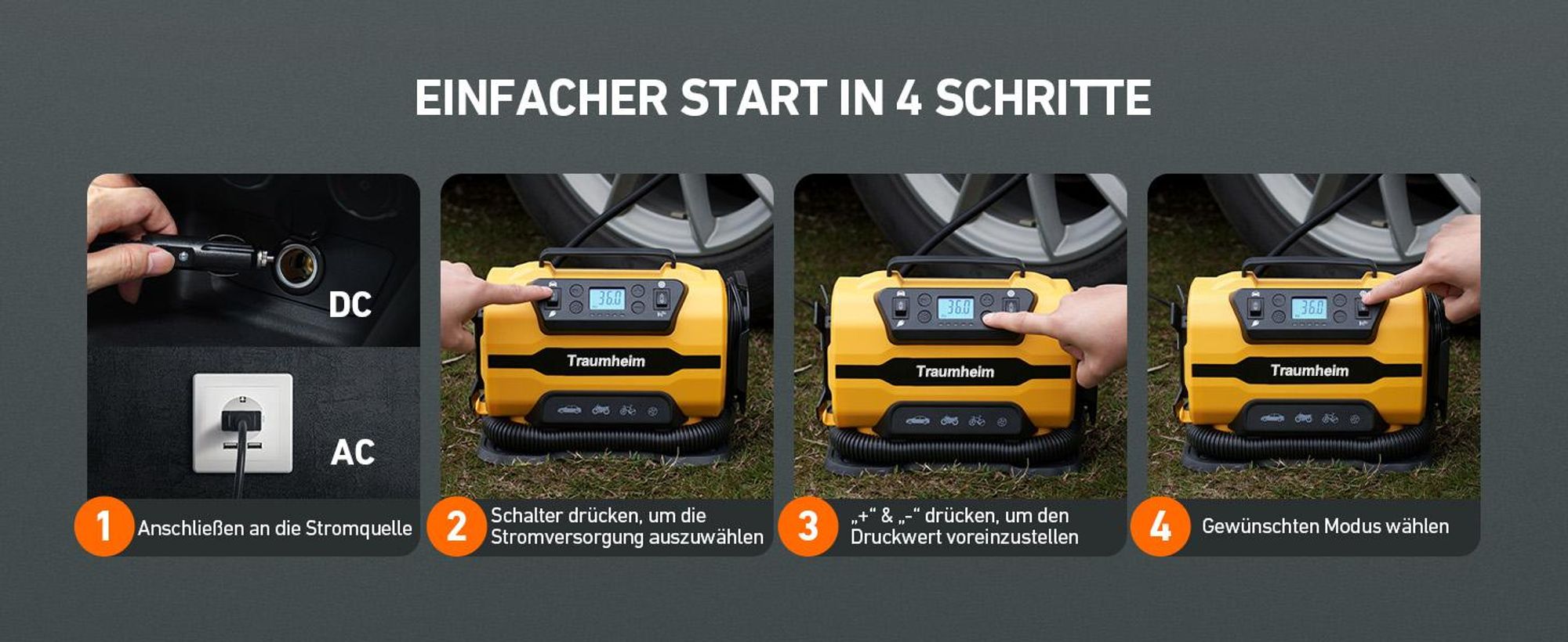 Luftkompressor Auto 12V DC/230V AC, Hochdruck bis 10,3bar, 350L/min, Elektrische Reifenpumpe, Kompressor für Auto, Fahrrad, Schlauchboot, Luftmatratze