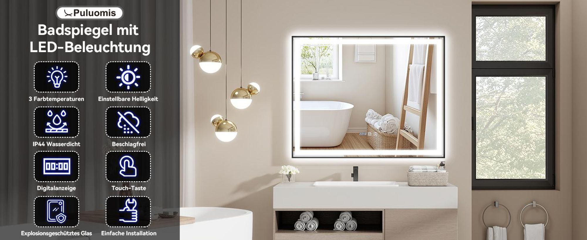 Puluomis Badspiegel 100x80 beschlagfrei mit 3 Farbe Beleuchtung, dimmbare Helligkeit, Badezimmerspiegel mit Digitaluhr, Temperatur schwarz