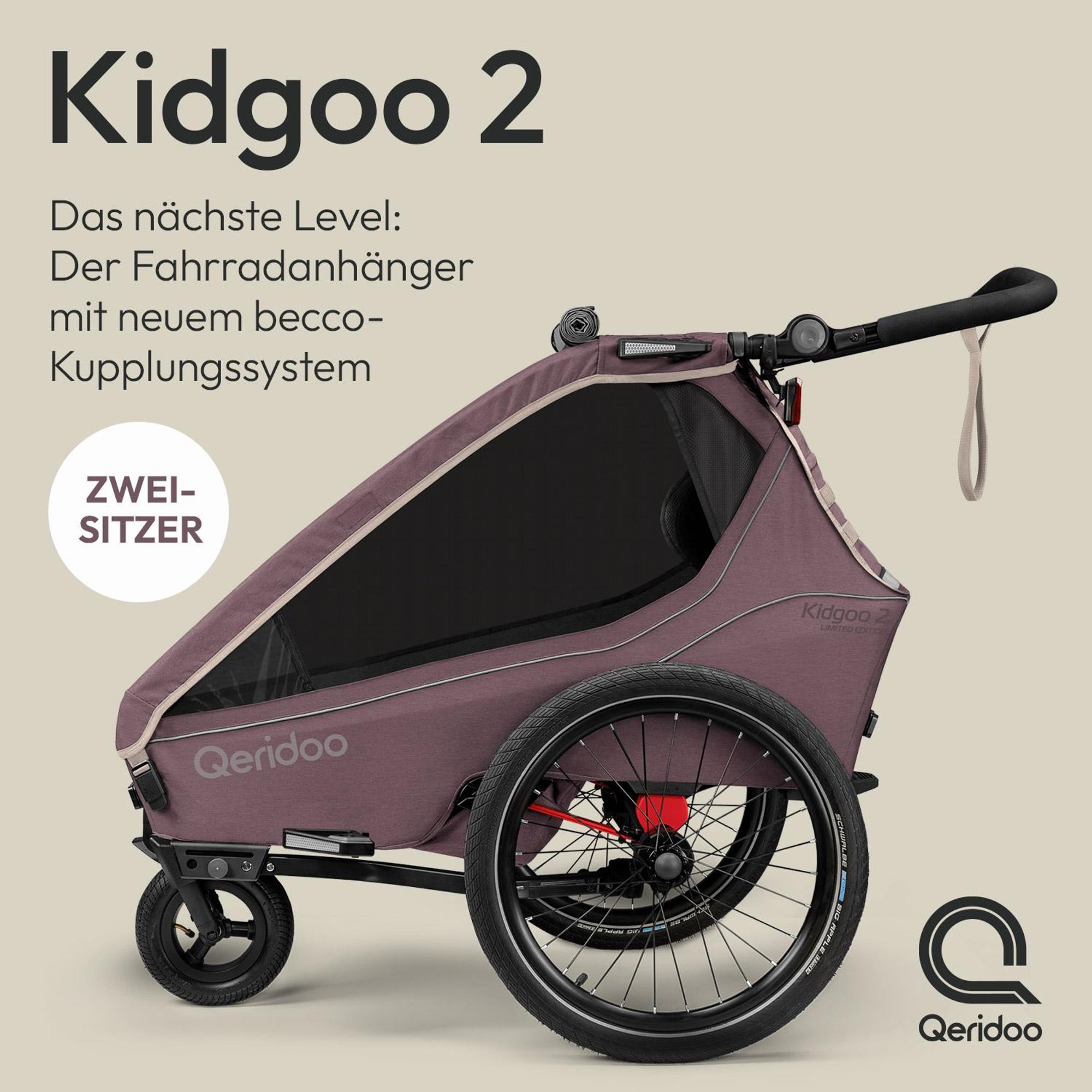 Qeridoo Kidgoo 2- Kinderfahrradanhänger für 2 Kinder, Farbe: Wildberry Violet