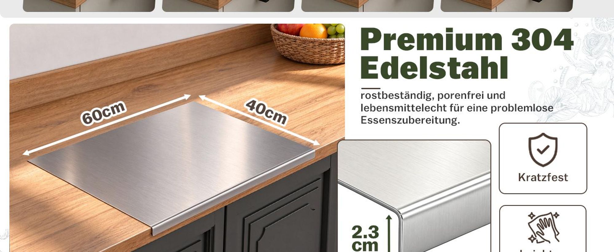 Edelstahl Schneidebrett, Arbeitsplatte mit Anschlagkante, Rutschfestes Profi Hackbrett für Küche - 60 x 40 cm