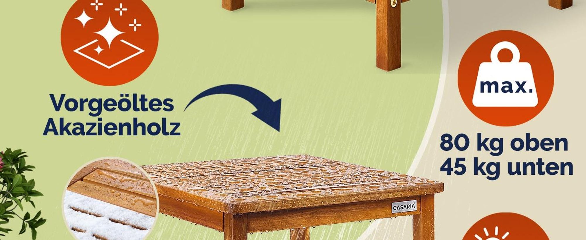 CASARIA® Beistelltisch Holz wetterfest FSC® zertifiziert 2 Ablagen 80kg und 20kg Tragkraft 45x45cm Balkon Terrasse Wohnzimmer Kleiner Tisch Holztisch Akazie