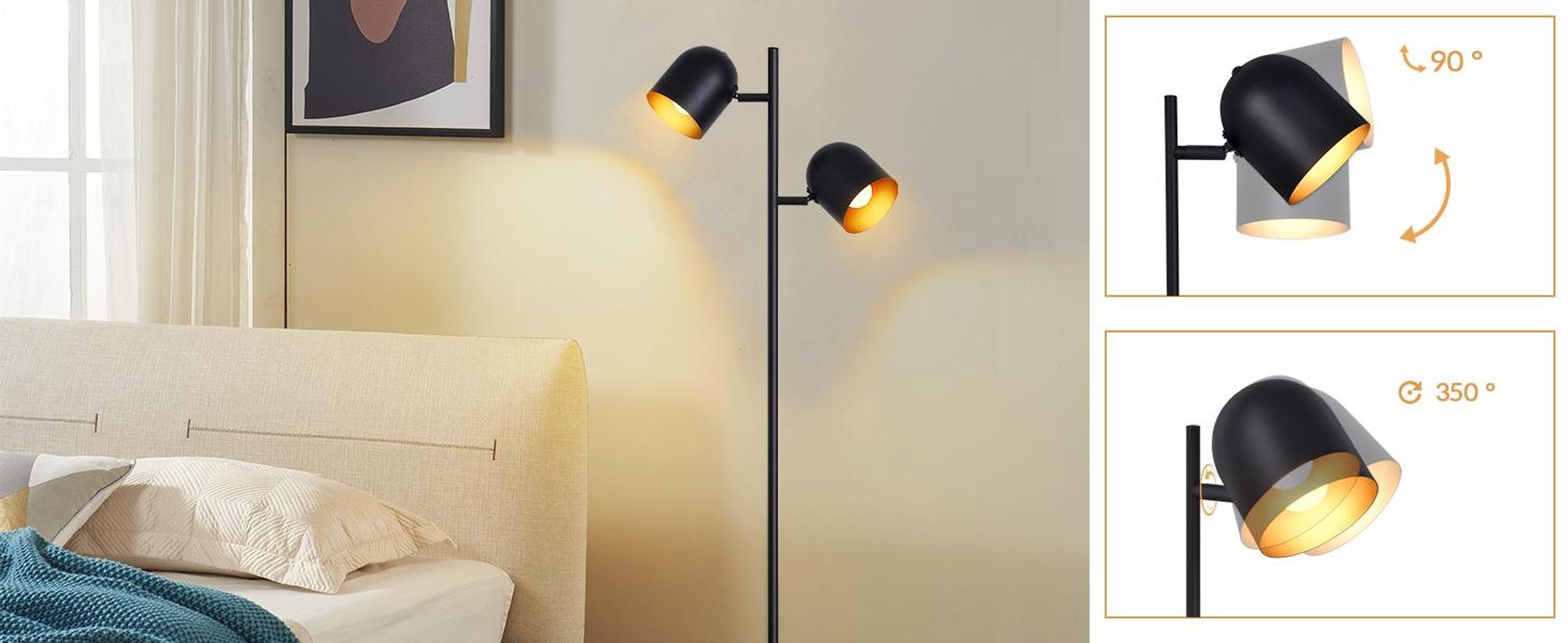 ZMH Vloerlamp Vintage Woonkamer, Retro: Industriële vloerlamp met 2 lampen in zwart en goud, metalen uitvoering, E14, verstelbaar 350°, leeslamp voor slaapkamer - Zonder lampen