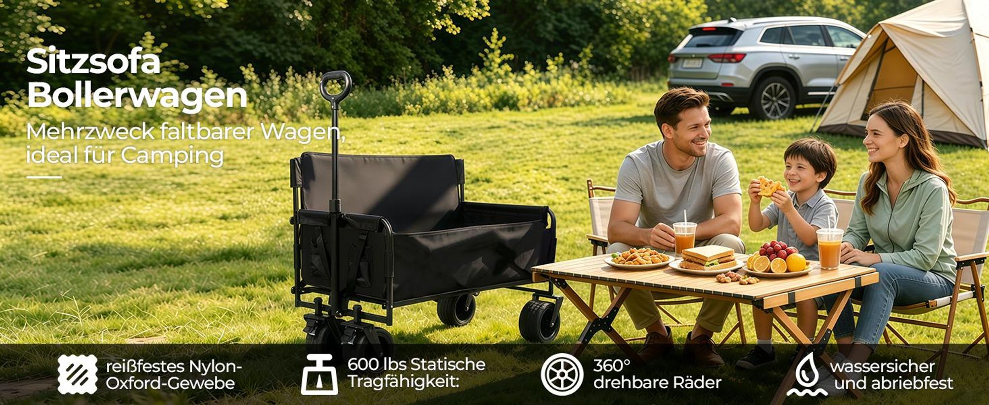 Faltbarer Bollerwagen 3-in-1 mit Sofa- & Liegefunktion, bis 380 kg, klappbar, verstellbare Rückenlehne, gepolstert, für Camping, Garten, Strand
