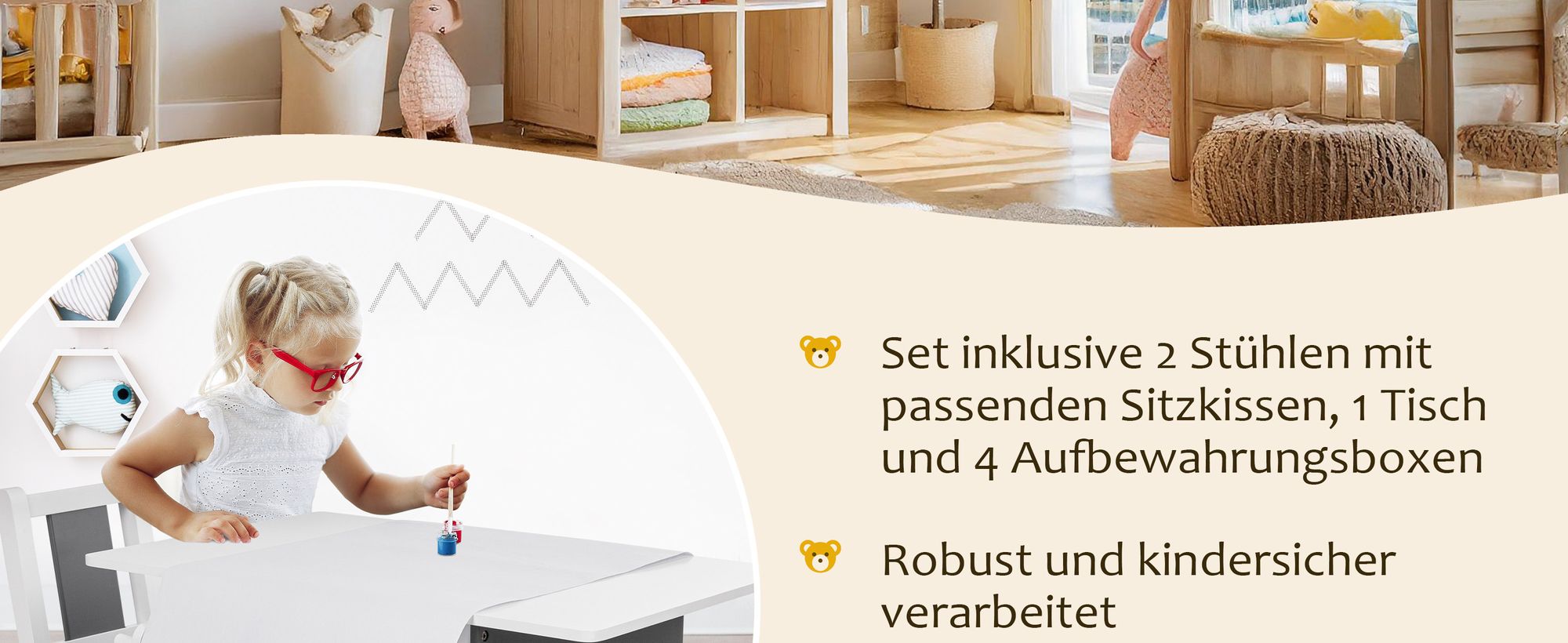 ONVAYA® Kindertisch-Set mit Stühlen | Kindersitzgruppe mit Stauraum | Kindermöbel-Set mit Tisch & 2 Stühlen | Kindertischgruppe Holz | Sitzgruppe