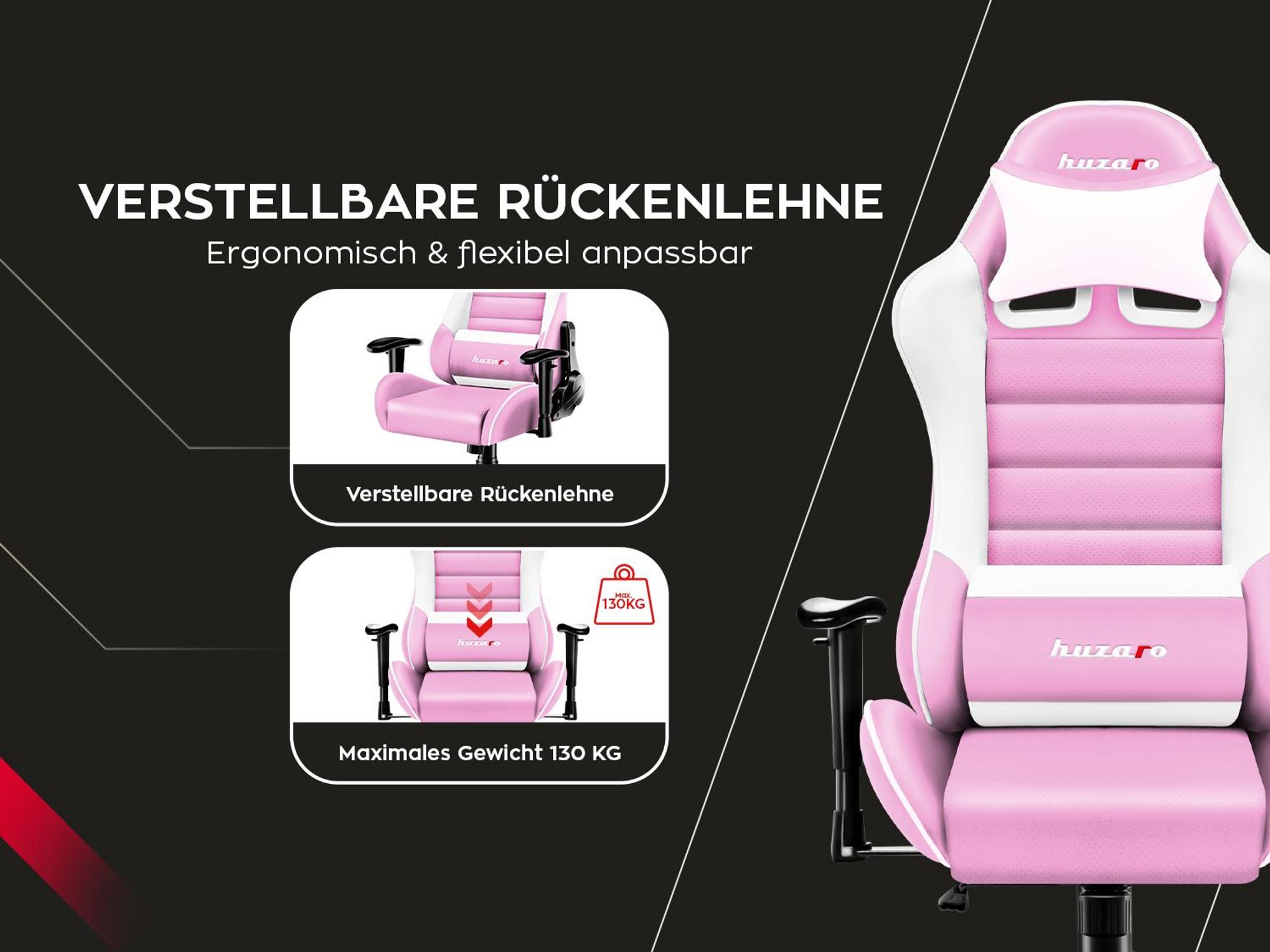 Huzaro Kinder Schreibtischstuhl Ranger 6.0 Gaming Stuhl Racing Sessel Bürostuhl Drehstuhl Gamer bis 130 kg Rosa
