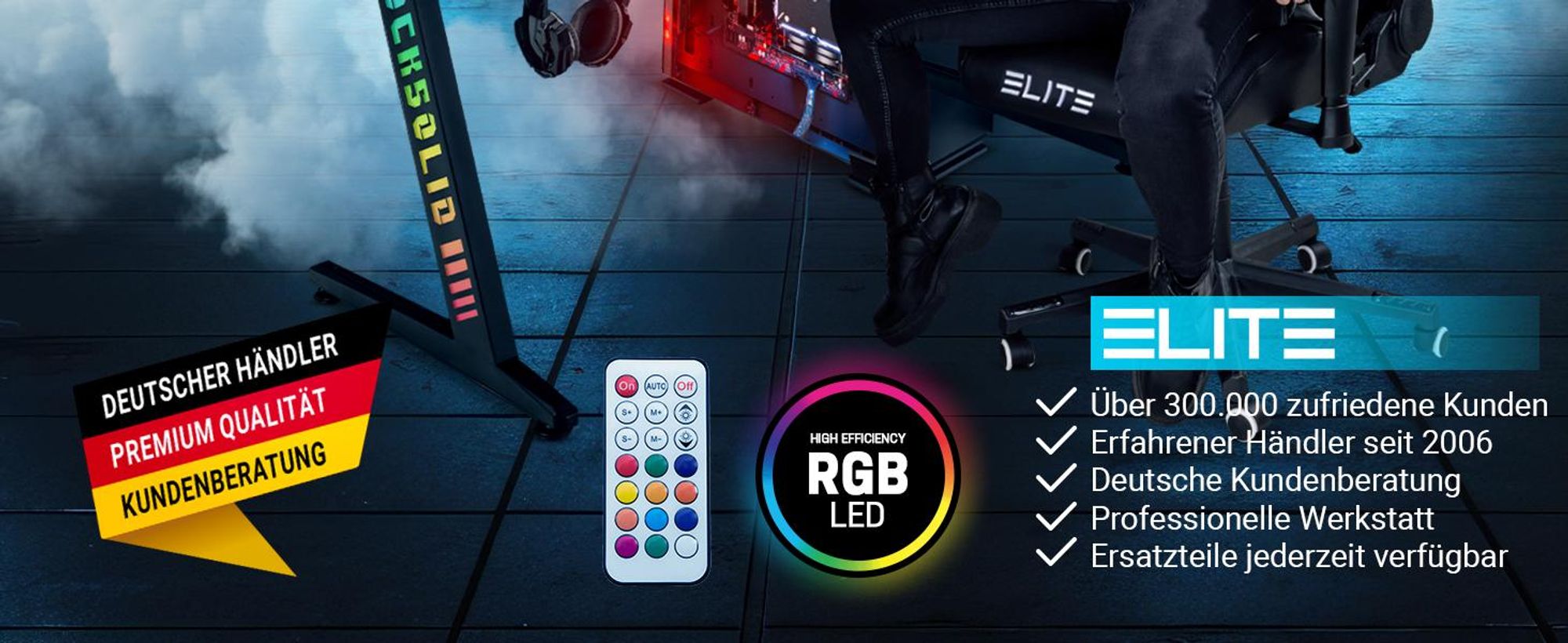 Elite Gaming Schreibtisch | Computertisch - Gamingtisch - Bürotisch - Tisch - RGB-Beleuchtung - Controller-, Headset- & Getränke Halterung 115 x 69 cm