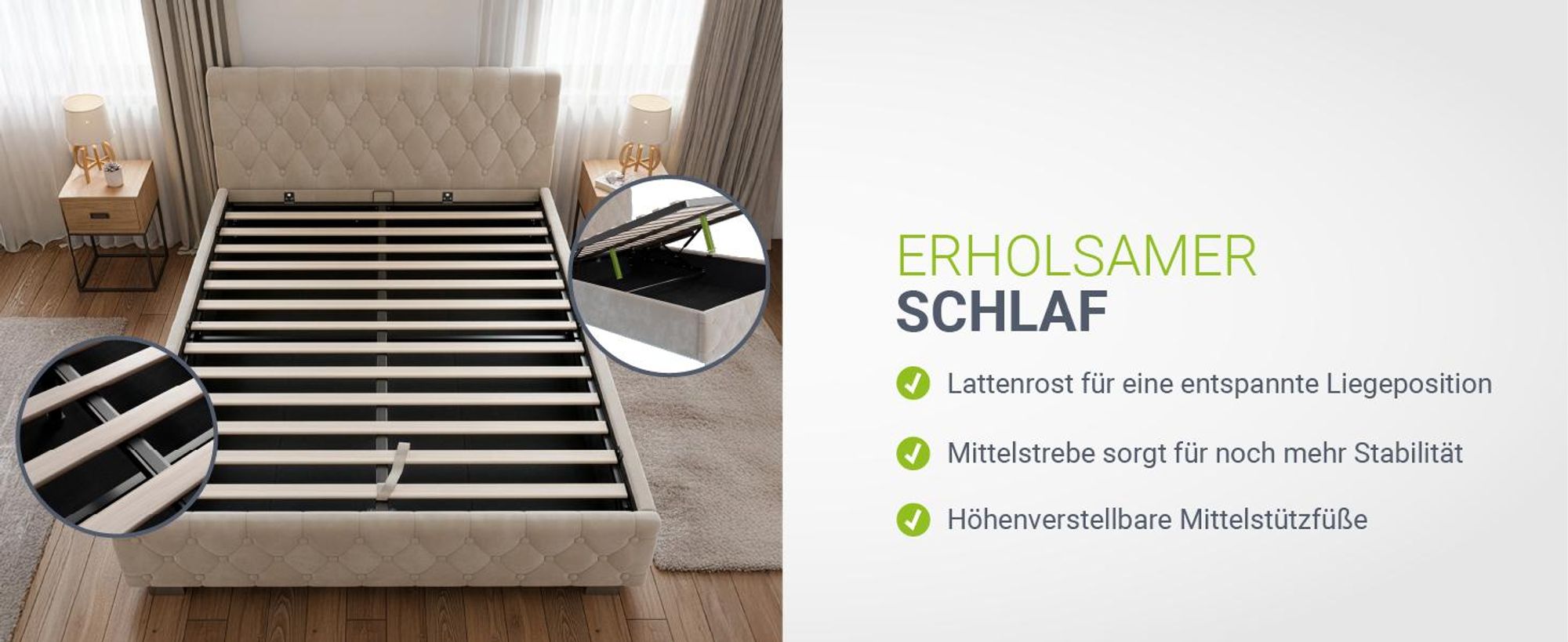 Juskys Polsterbett Nizza 140x200 cm Beige - Bettgestell mit Lattenrost, Stauraum & LED Beleuchtung - Bett mit Samtbezug & Chesterfield-Steppung